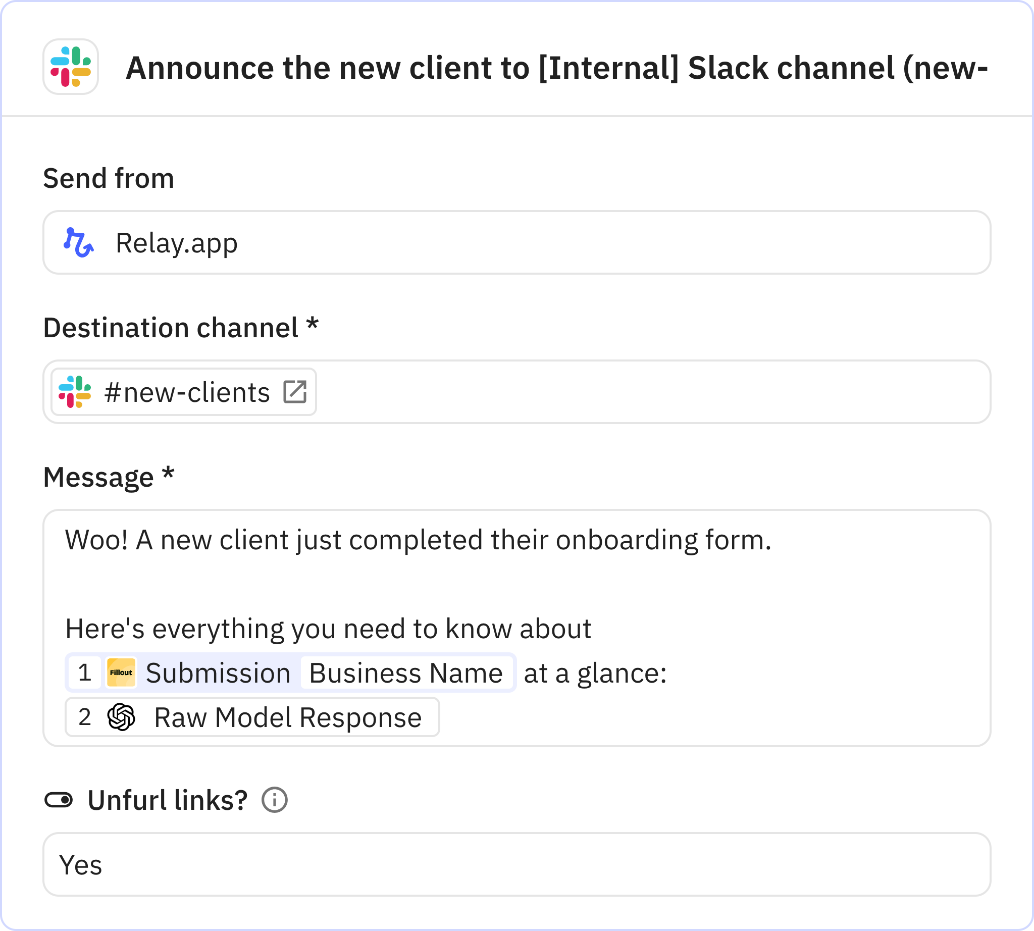 Relay.app screenshot of: Announce the new client to [Internal] Slack channel (new-clients)