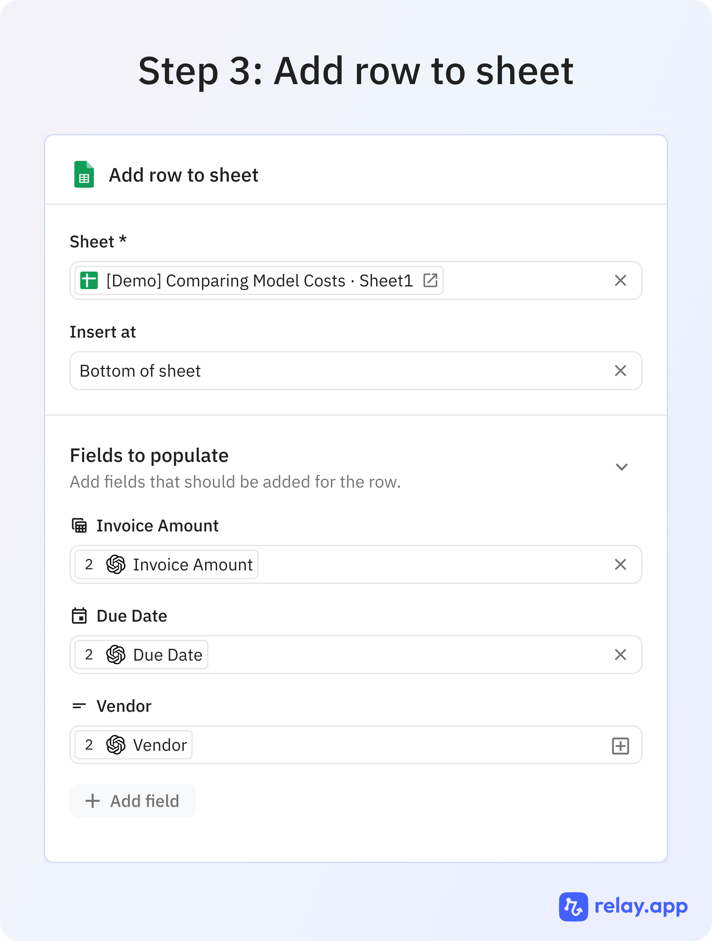 Final step to add the results to the Google Sheet row