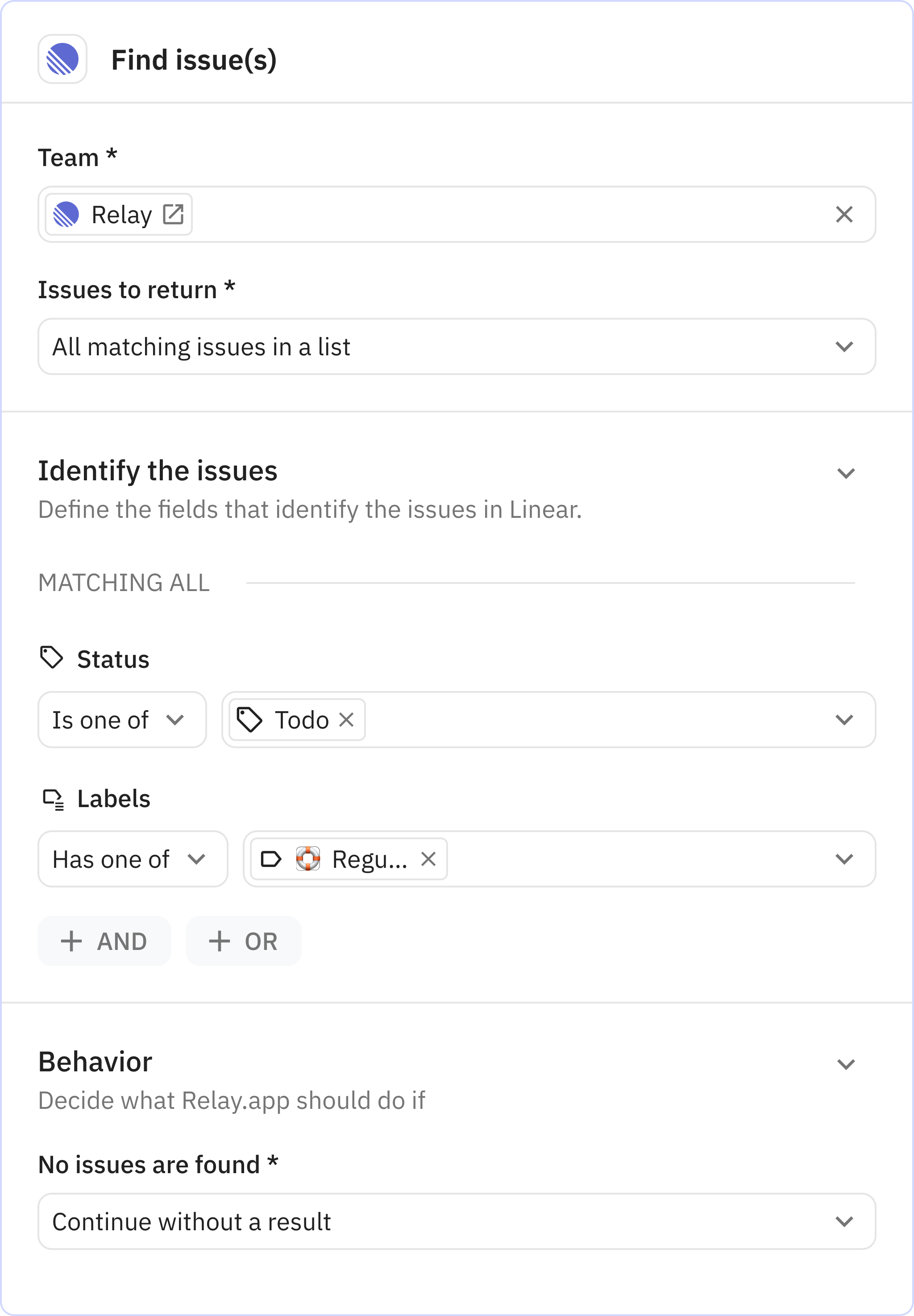 Relay.app screenshot of: Find issue(s)