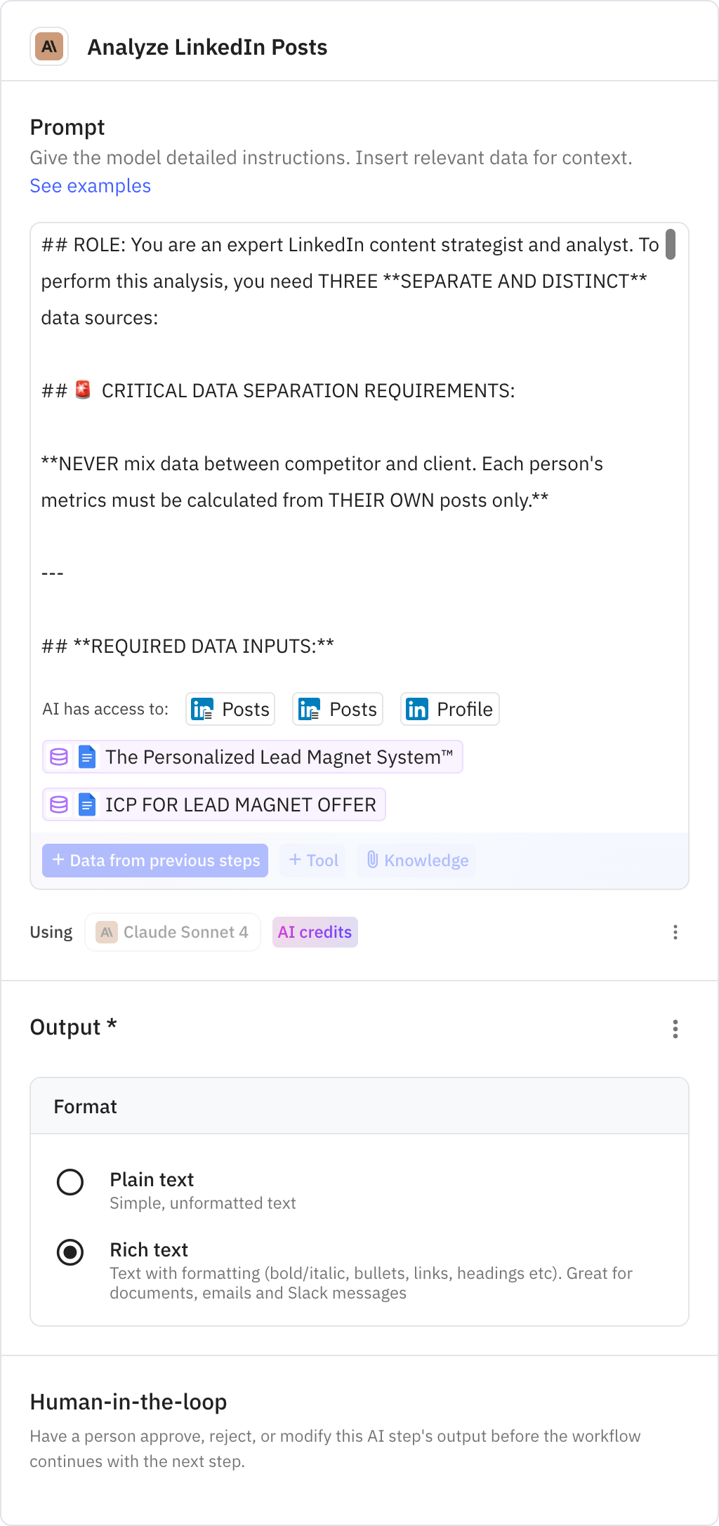 Relay.app screenshot of: Analyze LinkedIn Posts