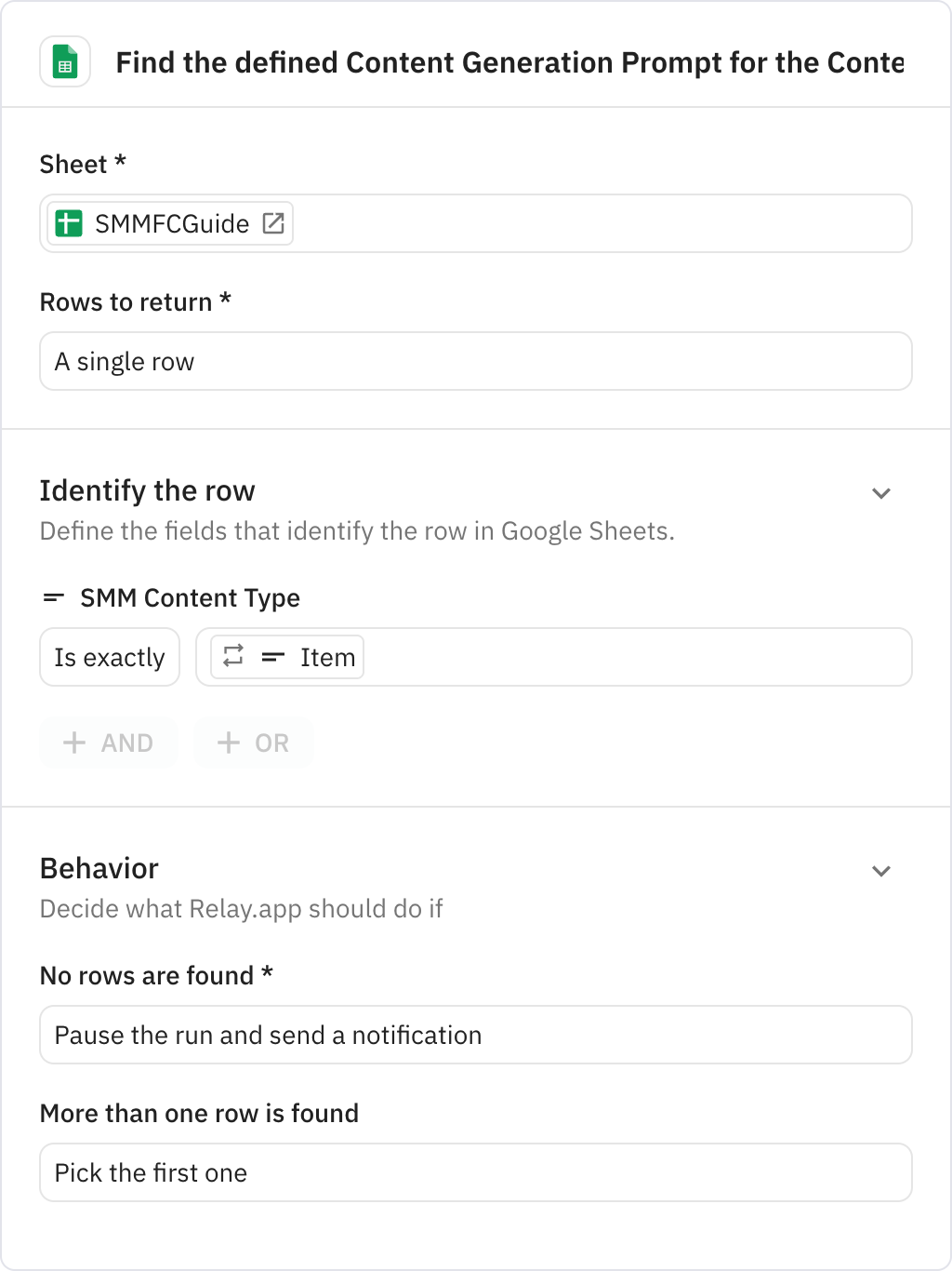 Relay.app screenshot of: Find the defined Content Generation Prompt for the Content Type