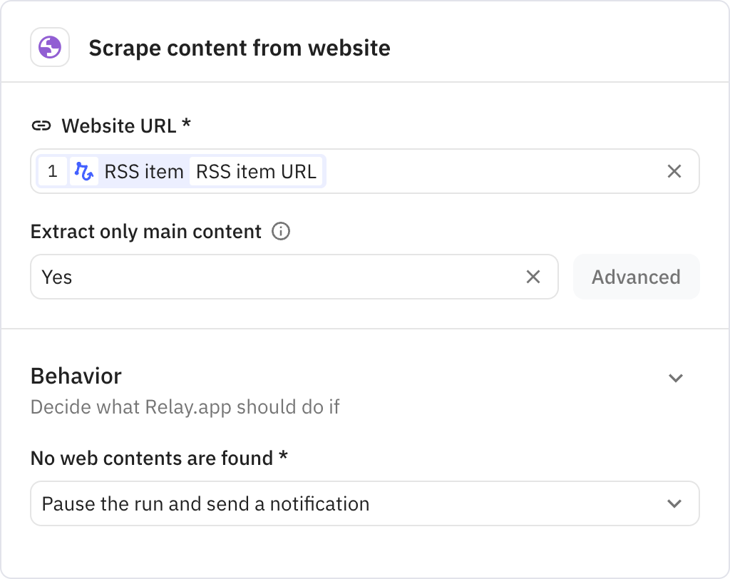 Relay.app screenshot of: Scrape content from website