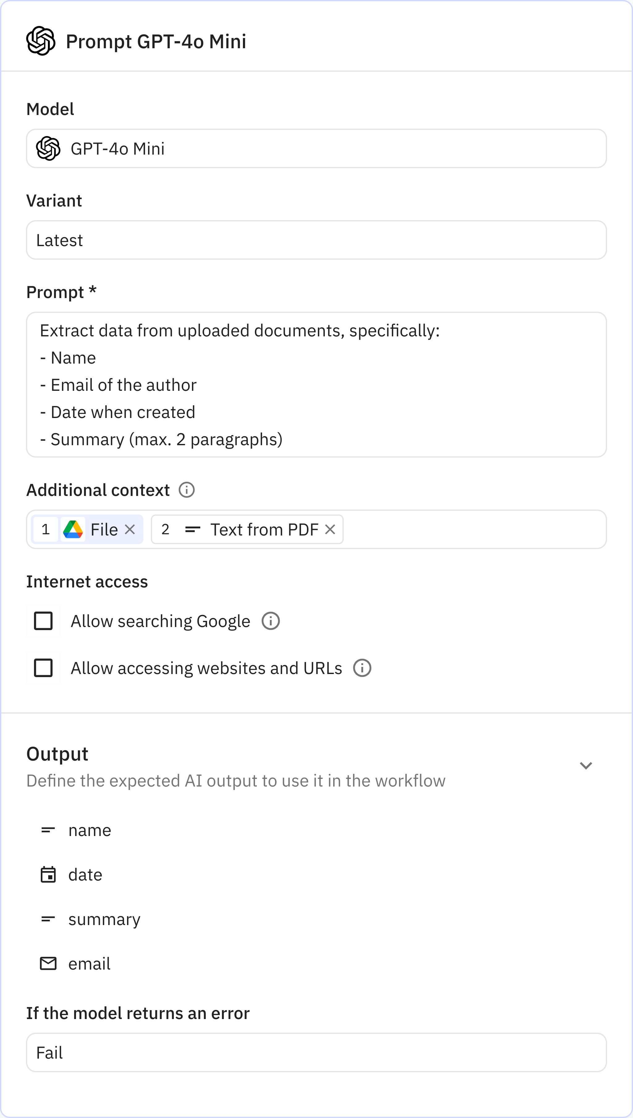Relay.app screenshot of: Prompt GPT-4o Mini