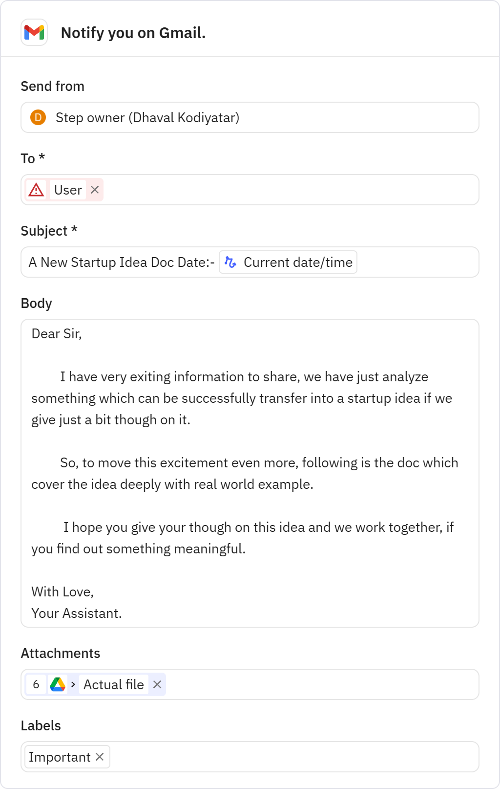 Relay.app screenshot of: Notify you on Gmail.