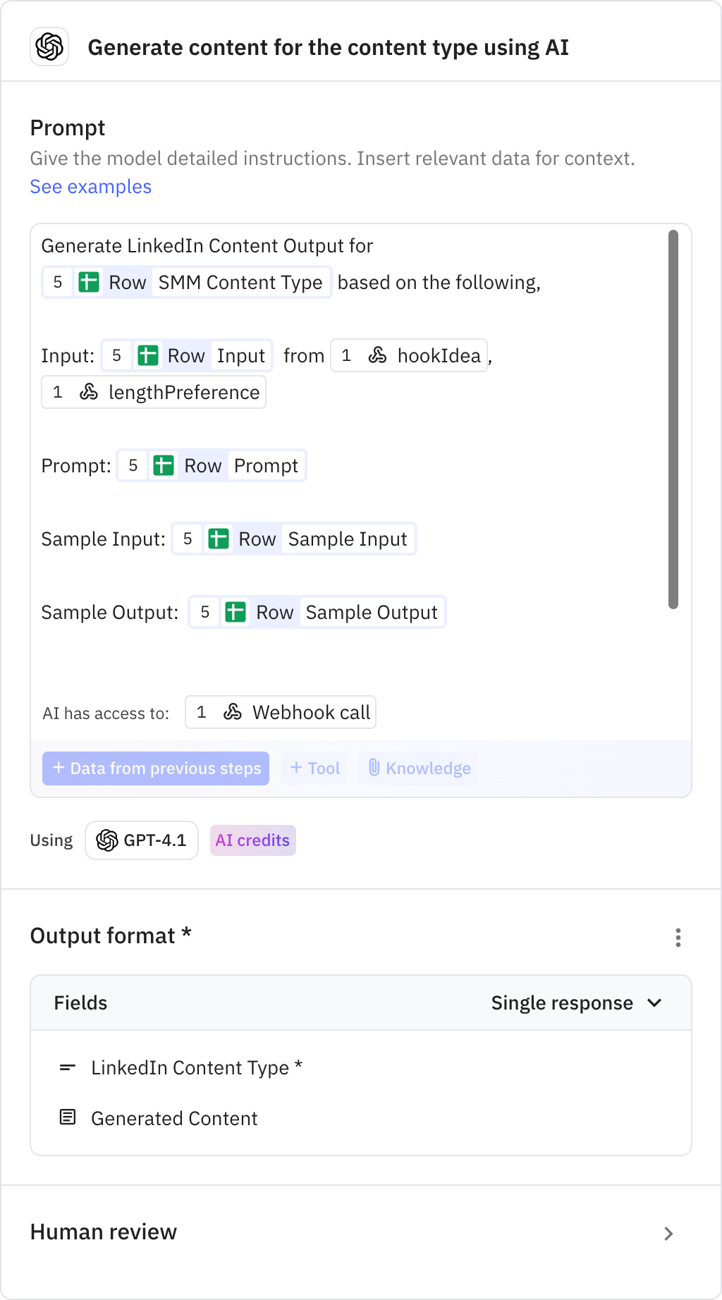 Relay.app screenshot of: Generate content for the content type using AI