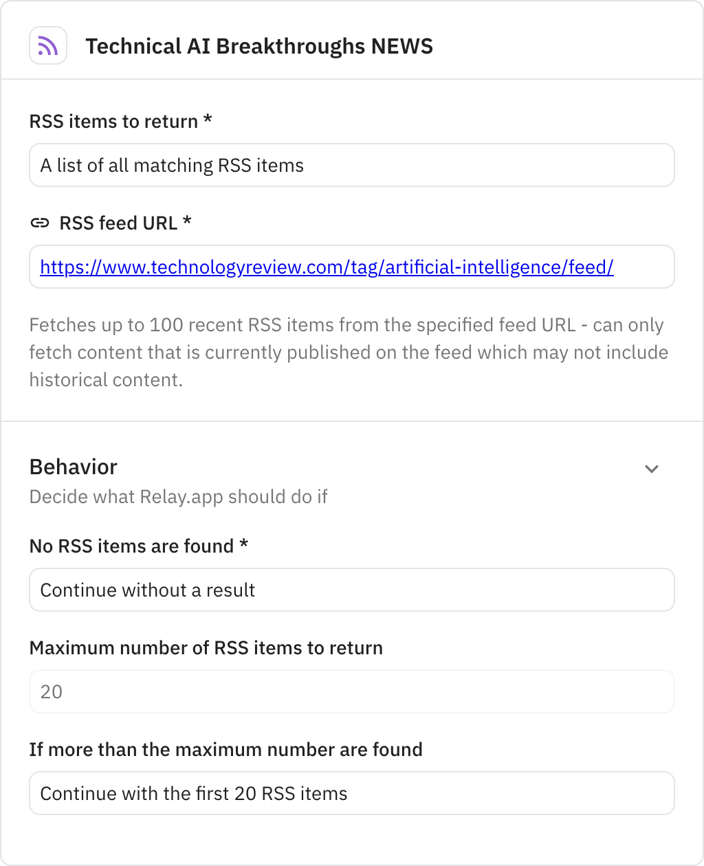 Relay.app screenshot of: Technical AI Breakthroughs NEWS