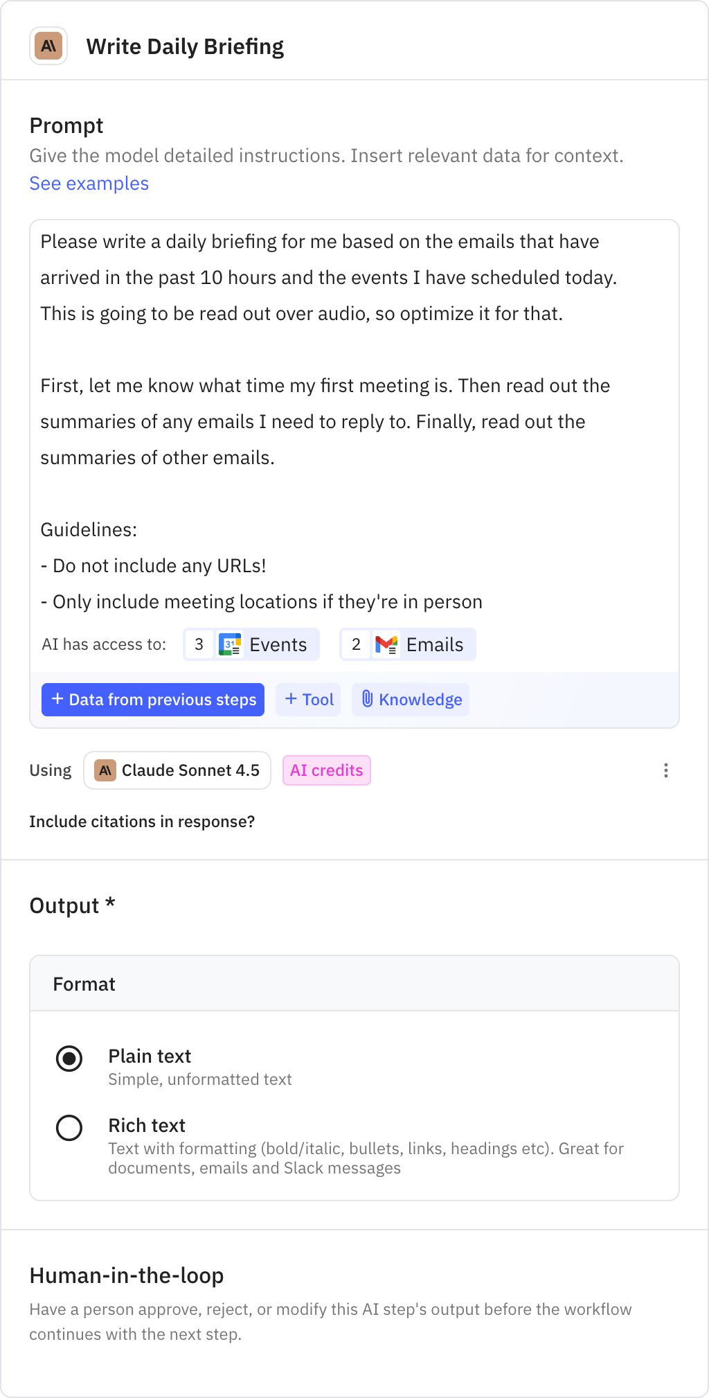 Relay.app screenshot of: Write Daily Briefing