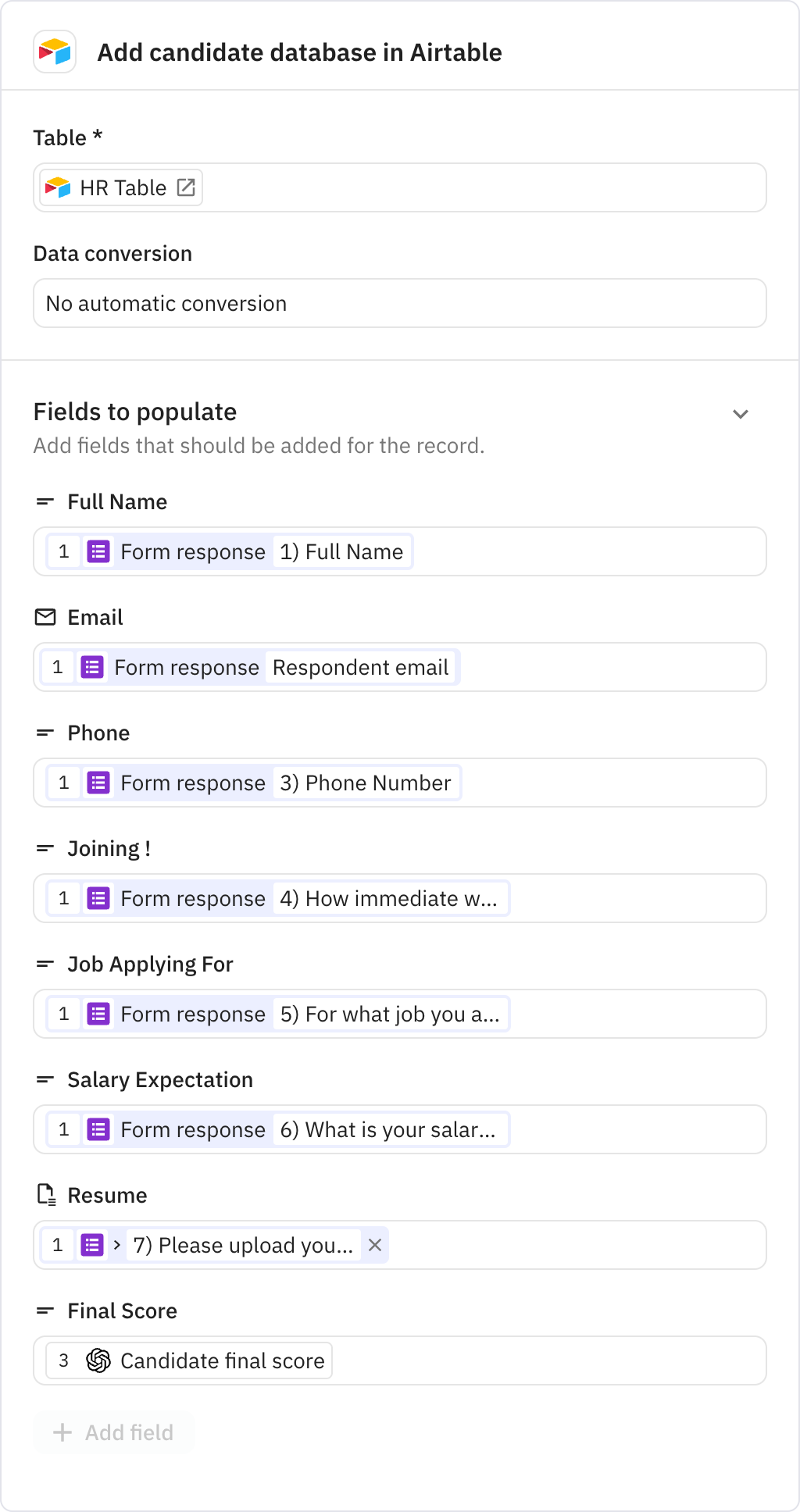 Relay.app screenshot of: Add candidate database in Airtable