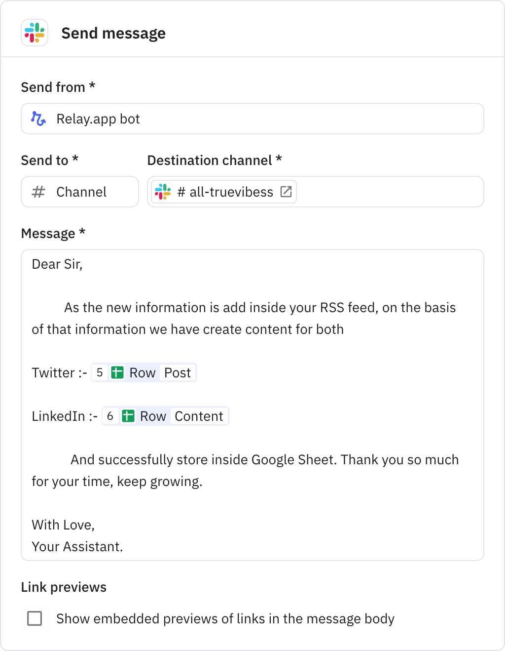 Relay.app screenshot of: Send message
