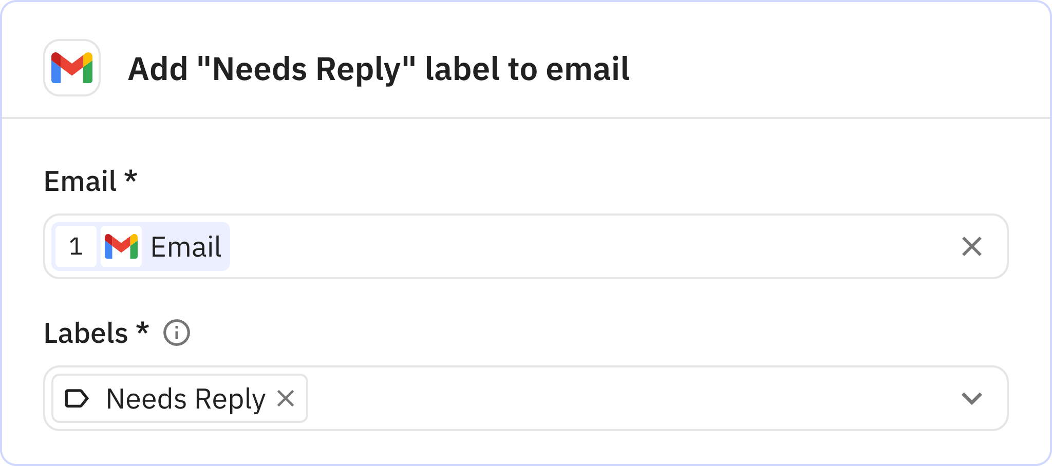 Relay.app screenshot of: Step 4: Add "Needs Reply" label to email
