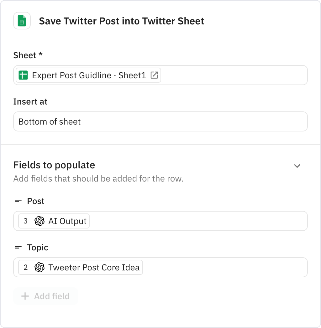 Relay.app screenshot of: Save Twitter Post into Twitter Sheet