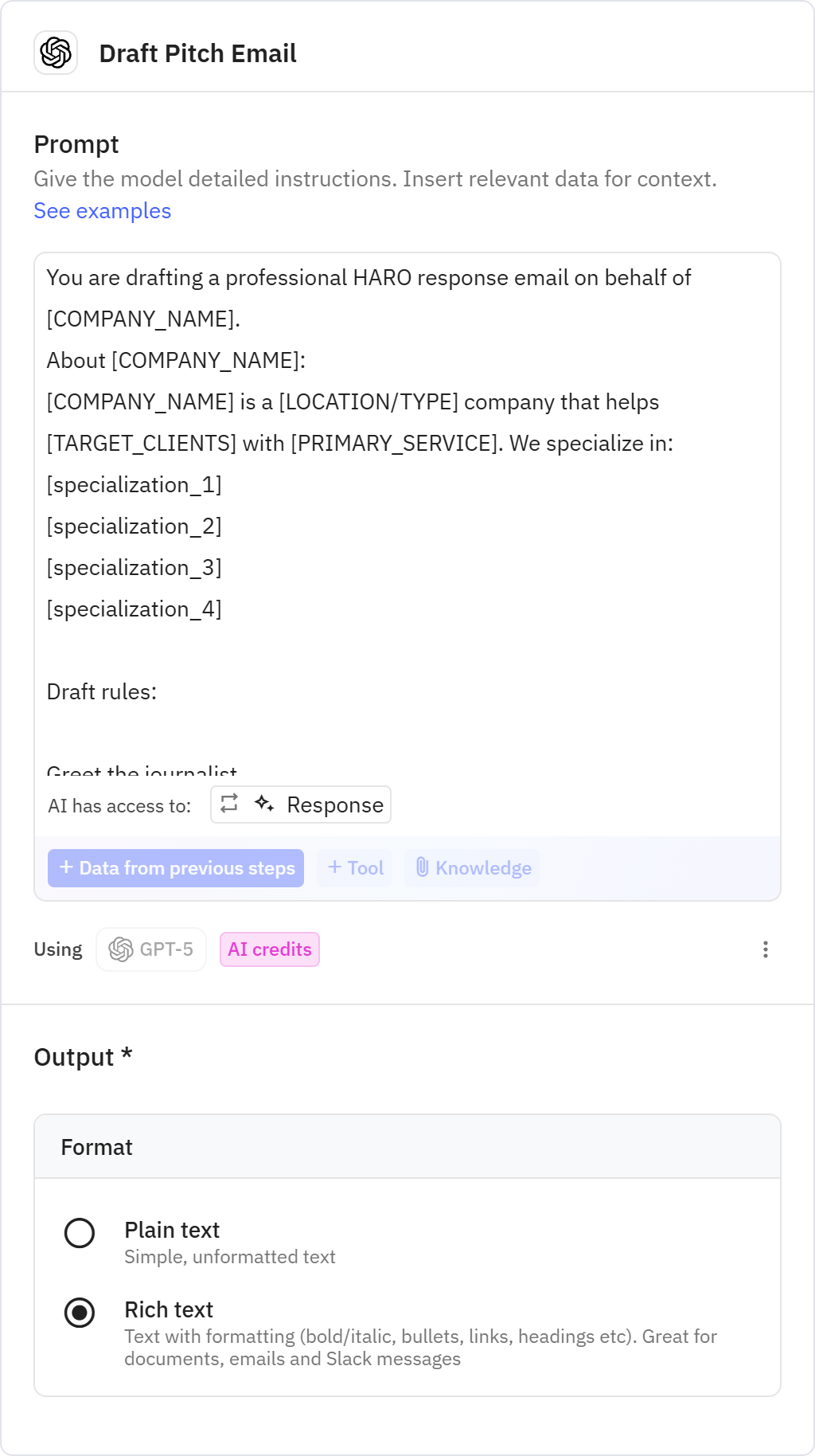 Relay.app screenshot of: Draft Pitch Email