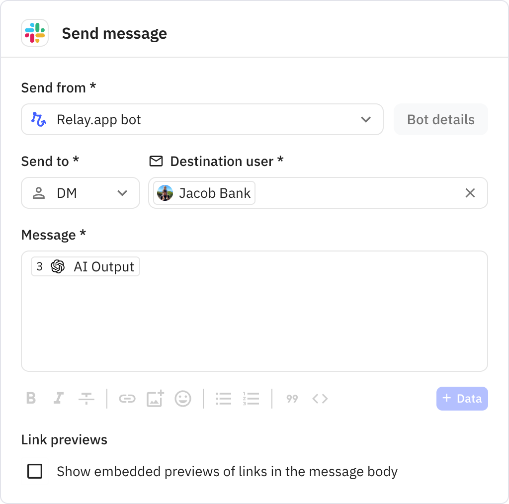 Relay.app screenshot of: Send message