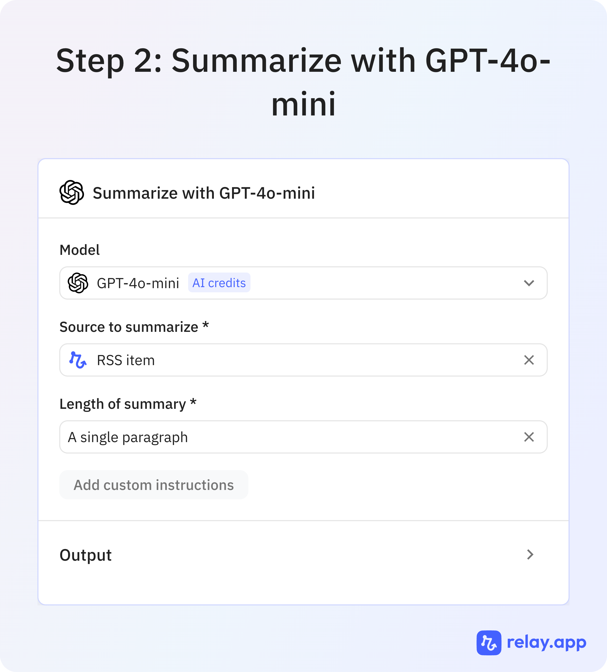Summarize with GPT-4o-mini Relay.app