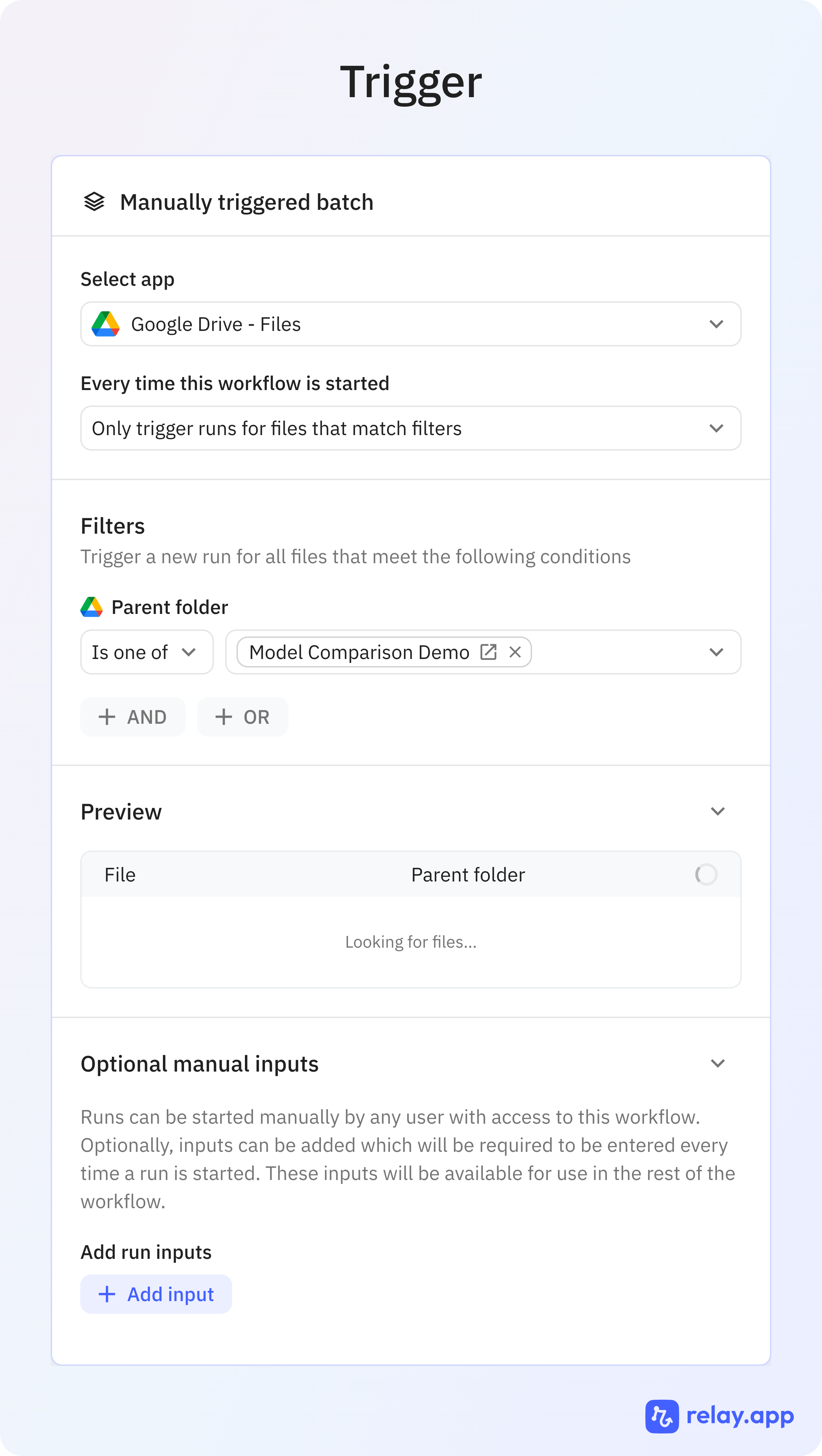 Batch trigger for all files in the demo Google Drive folder.