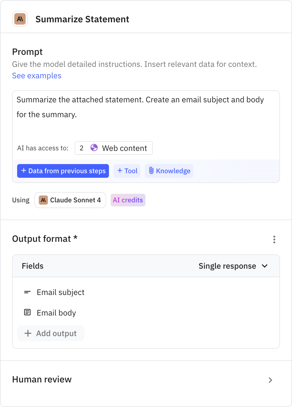 Relay.app screenshot of: Summarize Statement