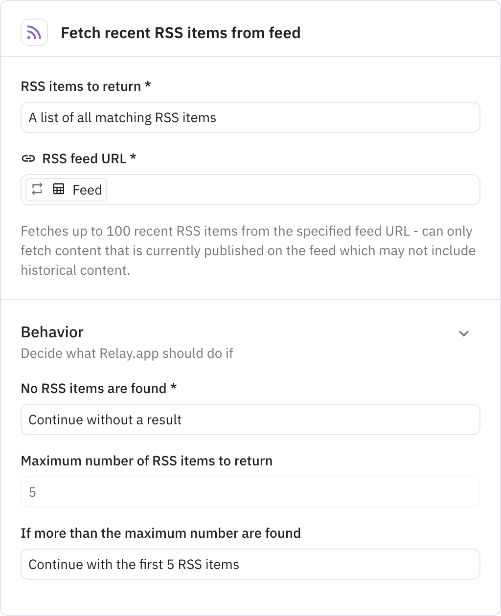 Relay.app screenshot of: Fetch recent RSS items from feed