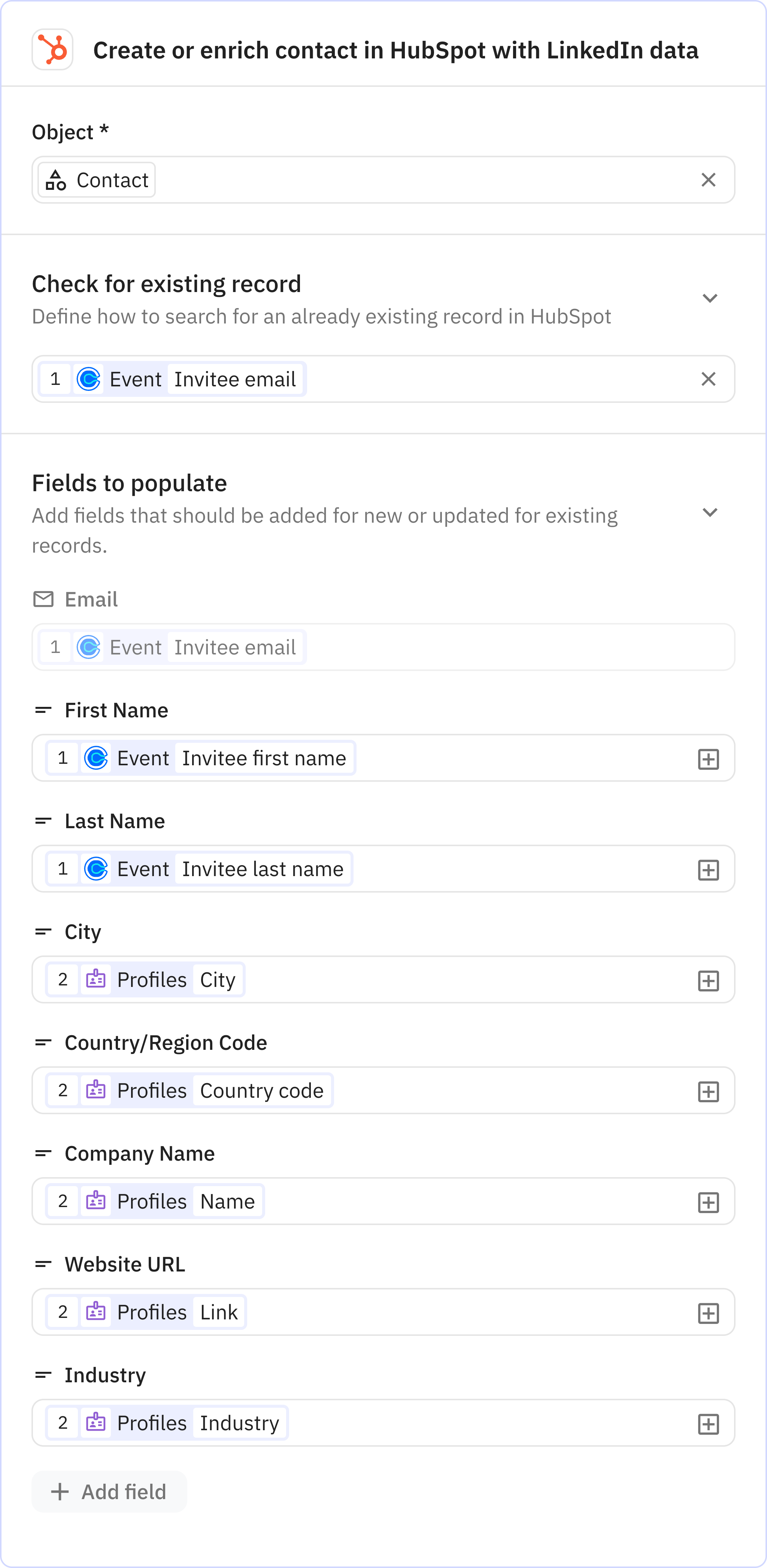 Relay.app screenshot of: Create or enrich contact in HubSpot with LinkedIn data