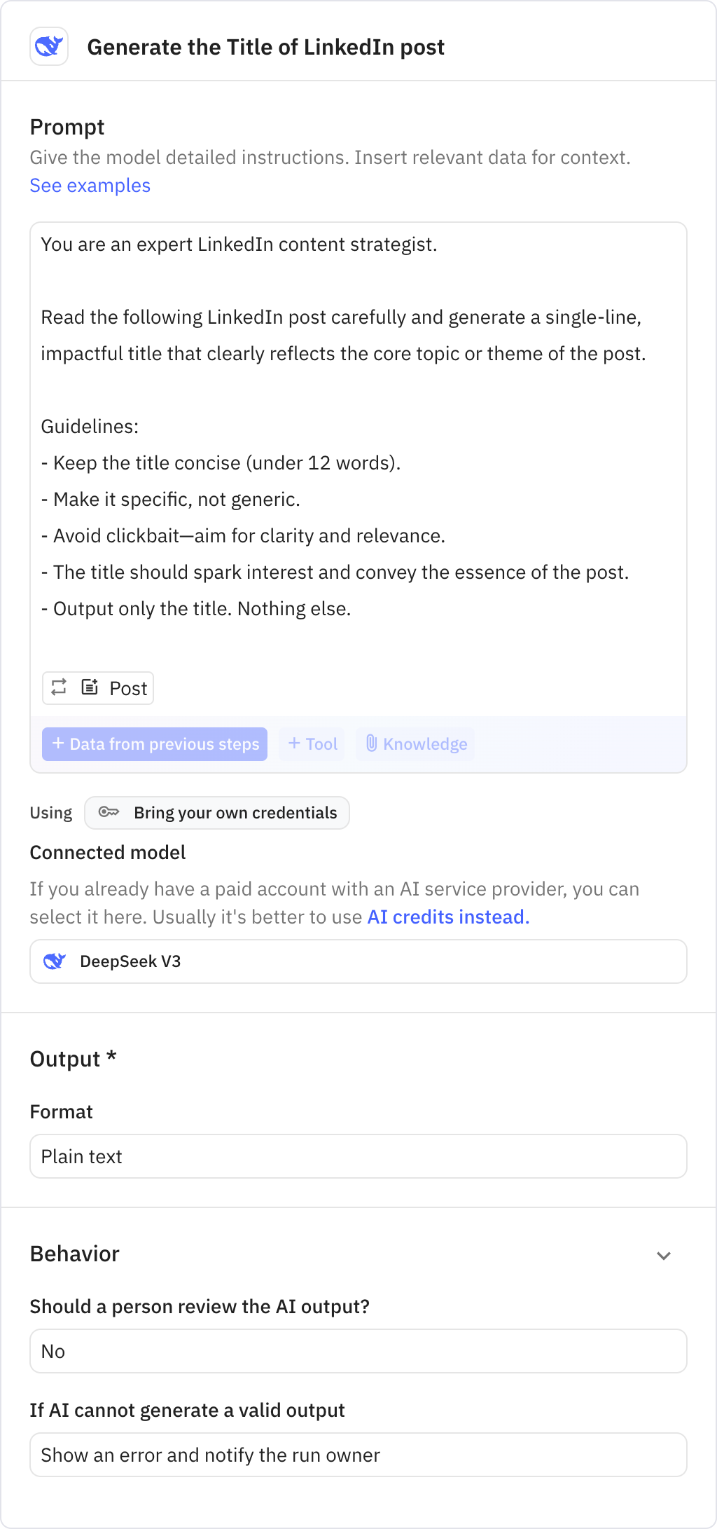 Relay.app screenshot of: Generate the Title of LinkedIn post