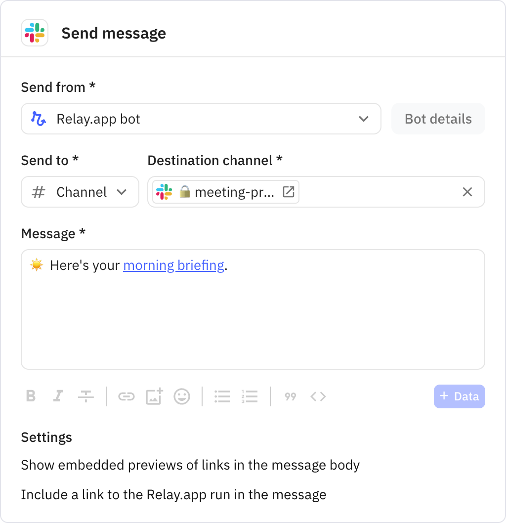 Relay.app screenshot of: Send message