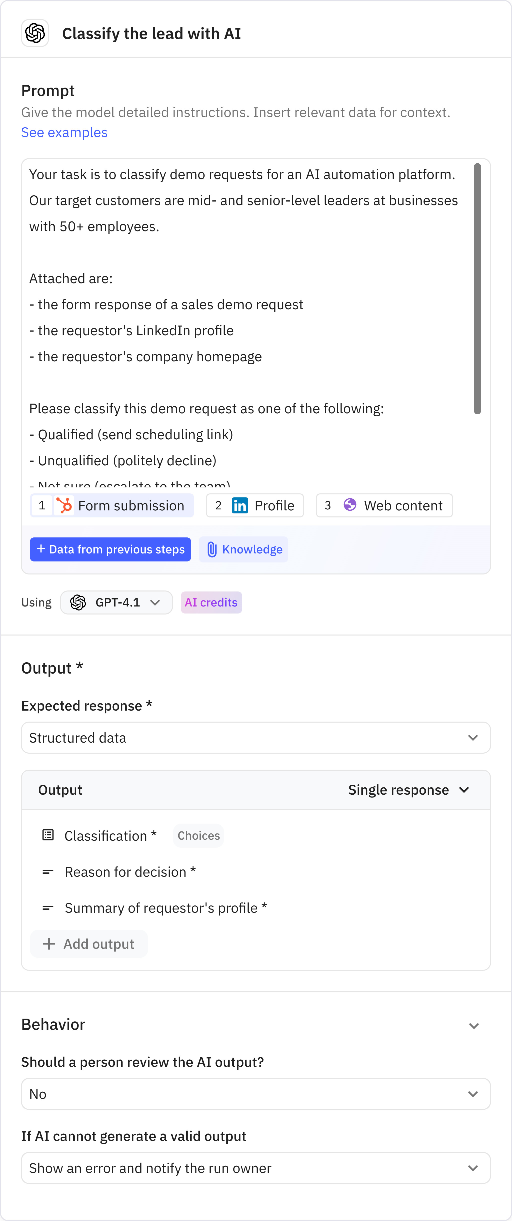 Relay.app screenshot of: Classify the lead with AI