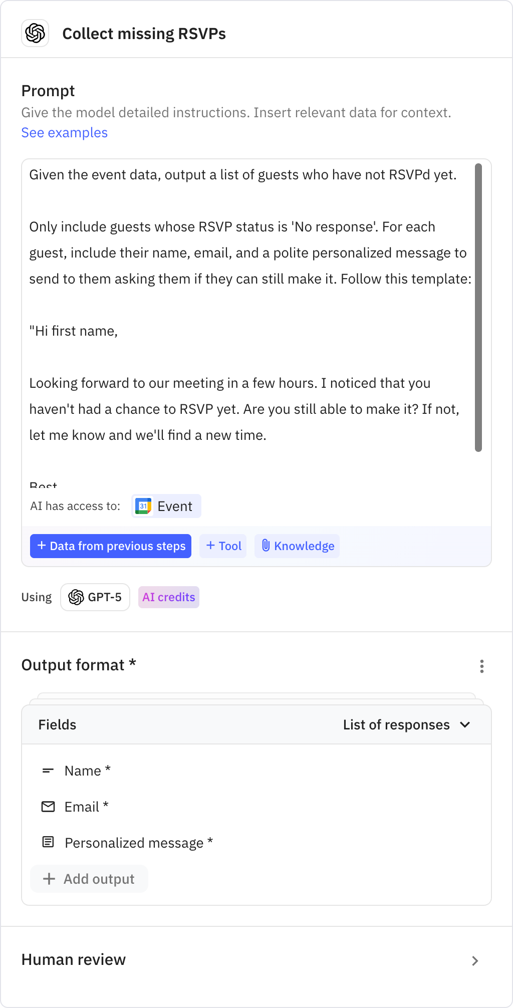 Relay.app screenshot of: Collect missing RSVPs
