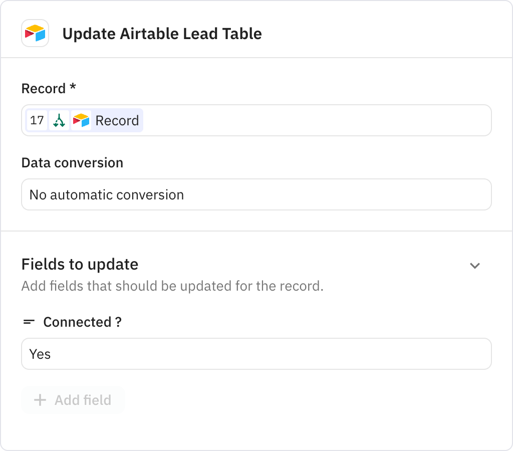 Relay.app screenshot of: Update Airtable Lead Table