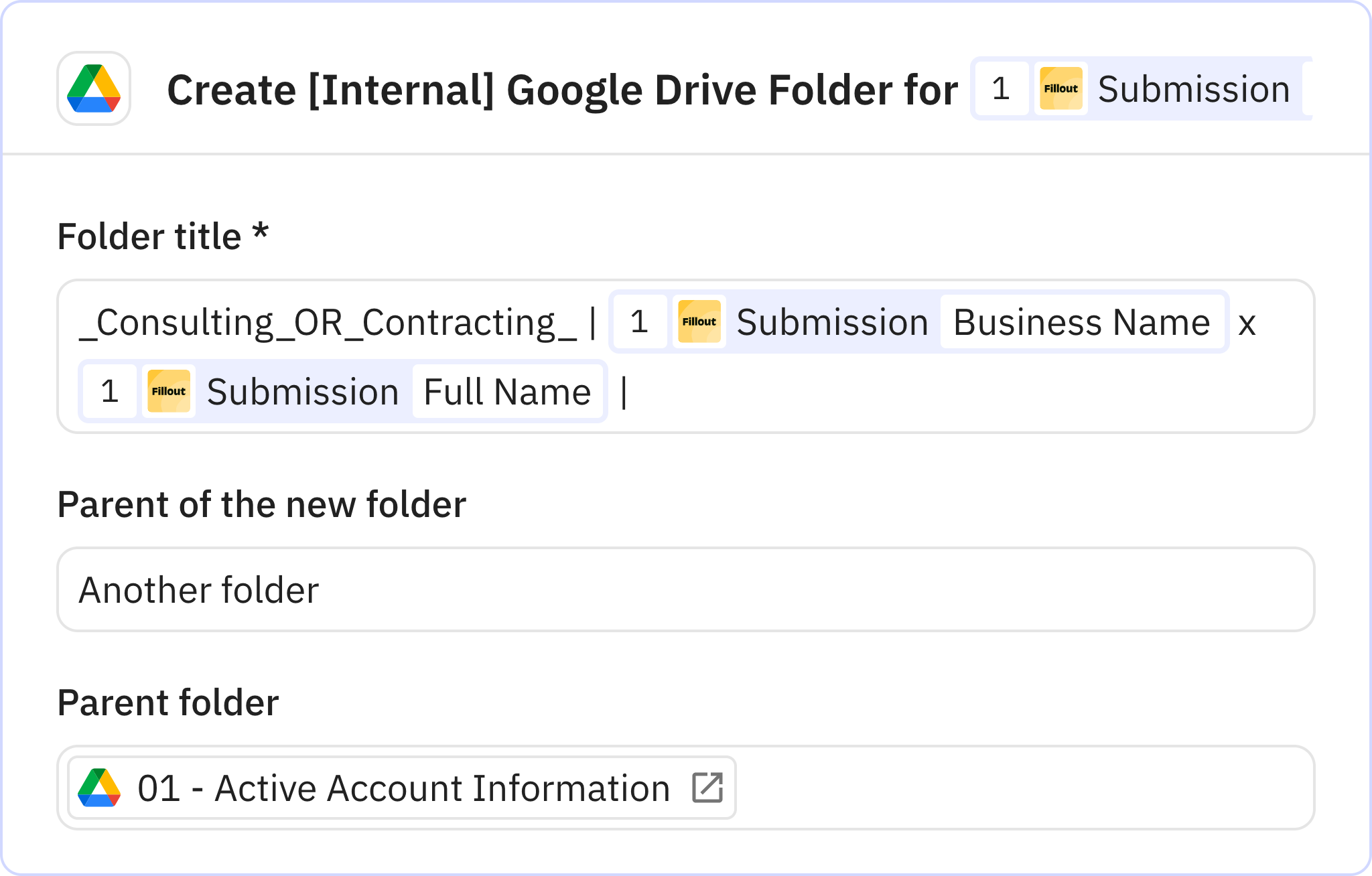 Relay.app screenshot of: Create [Internal] Google Drive Folder for 
