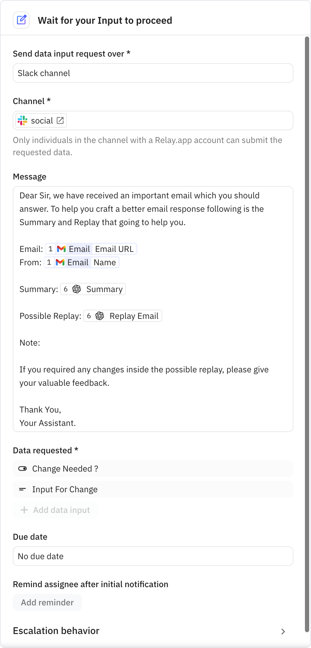 Relay.app screenshot of: Wait for your Input to proceed