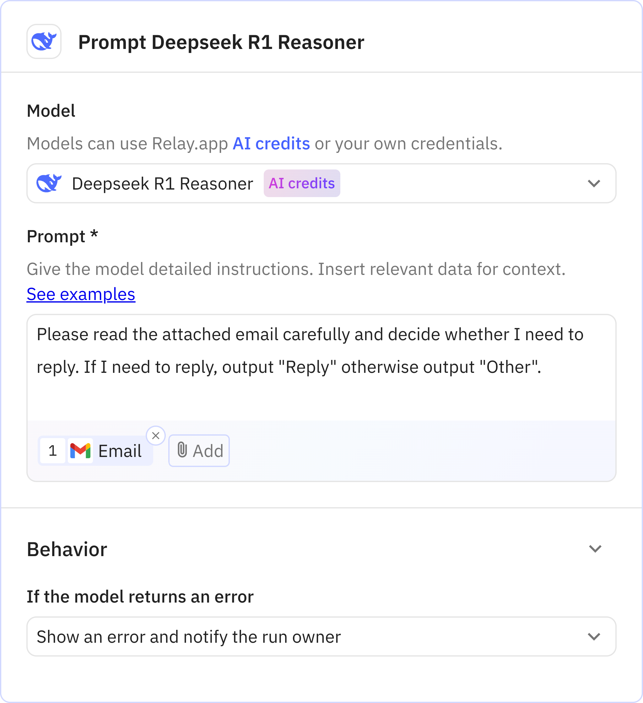 Relay.app screenshot of: Step 2: Prompt Deepseek R1 Reasoner
