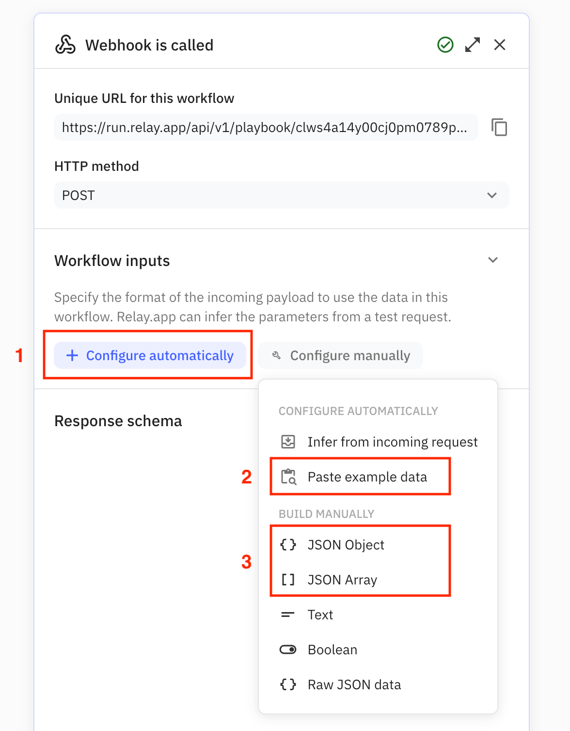 Relay.app offers three mechanisms to wire up the webhook's JSON payload to workflow inputs