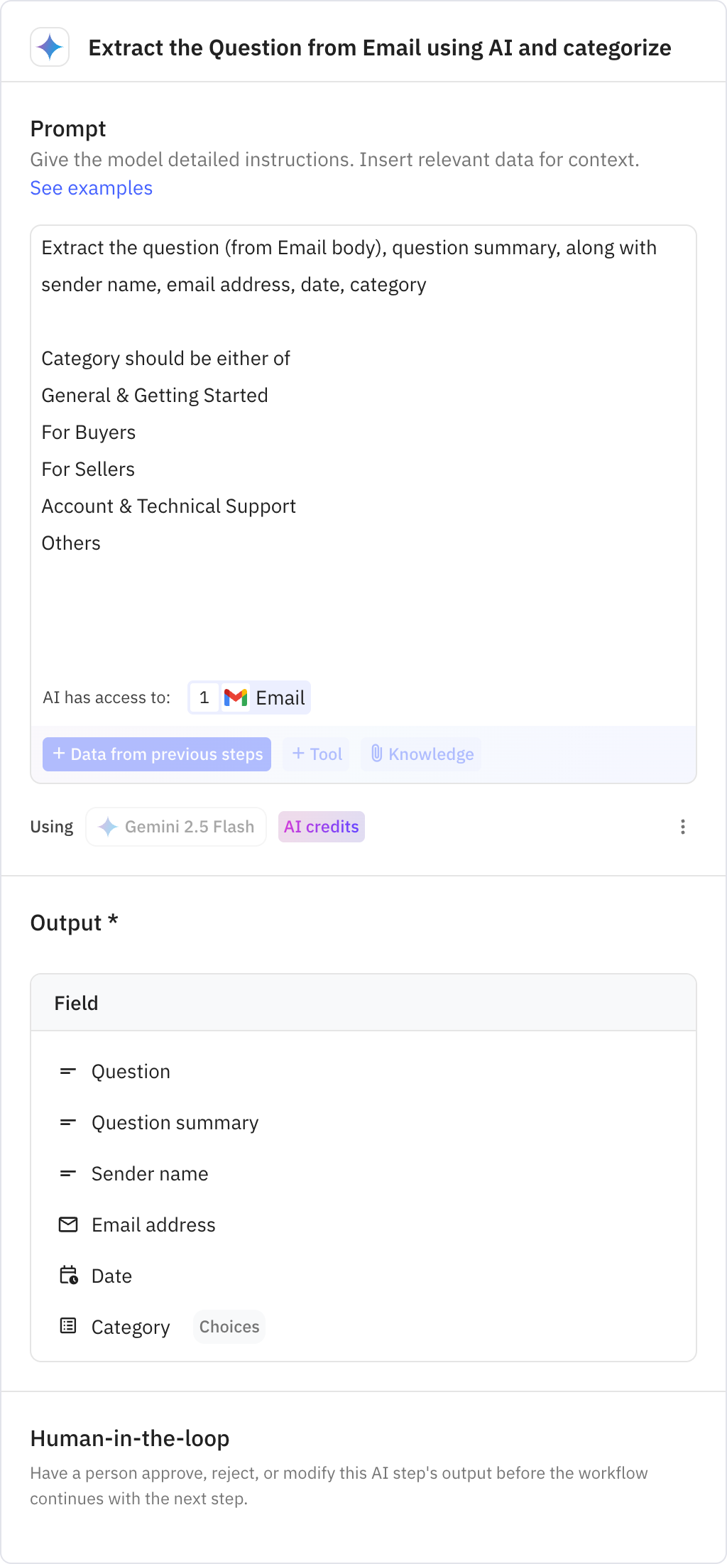 Relay.app screenshot of: Extract the Question from Email using AI and categorize
