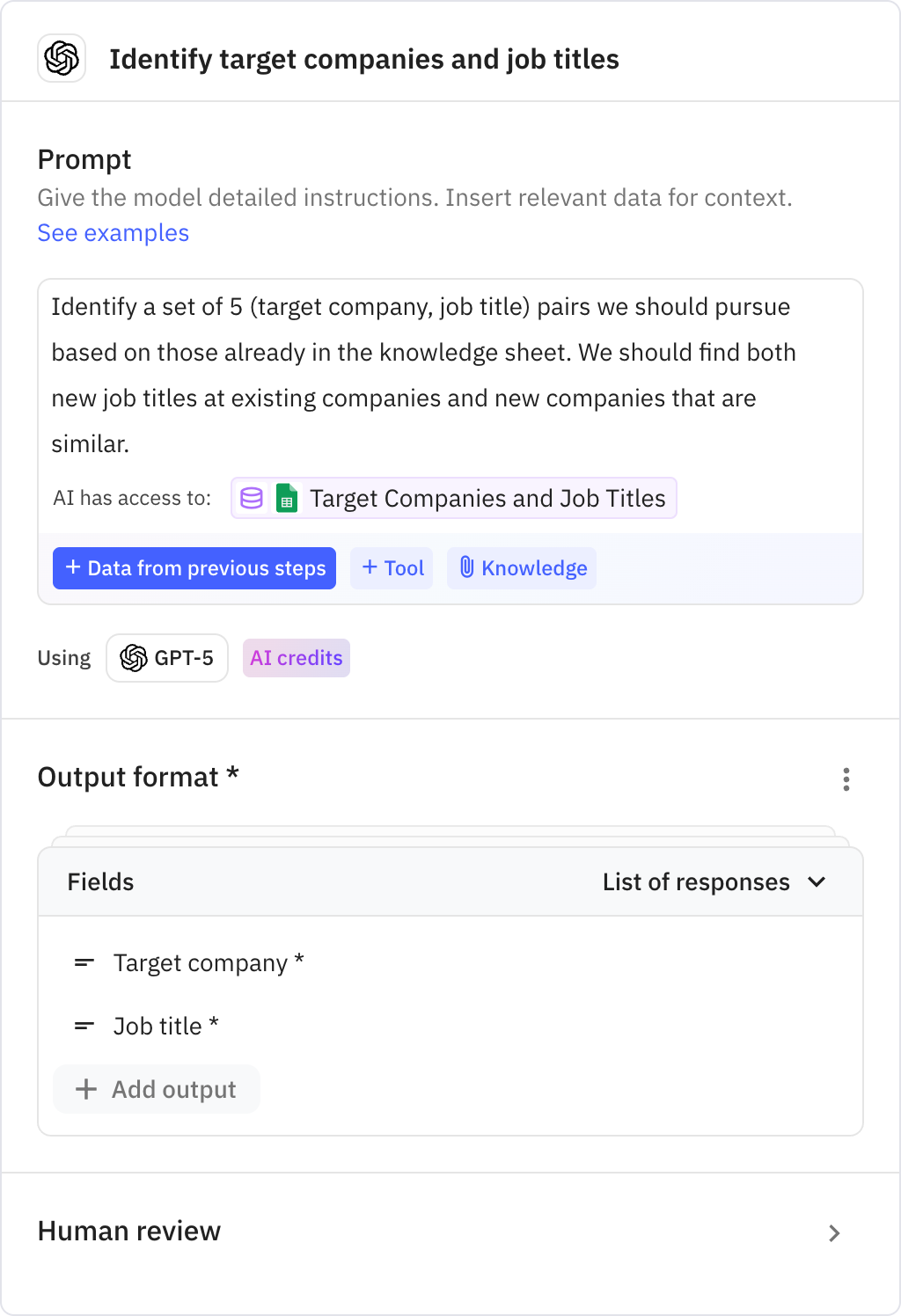 Relay.app screenshot of: Identify target companies and job titles