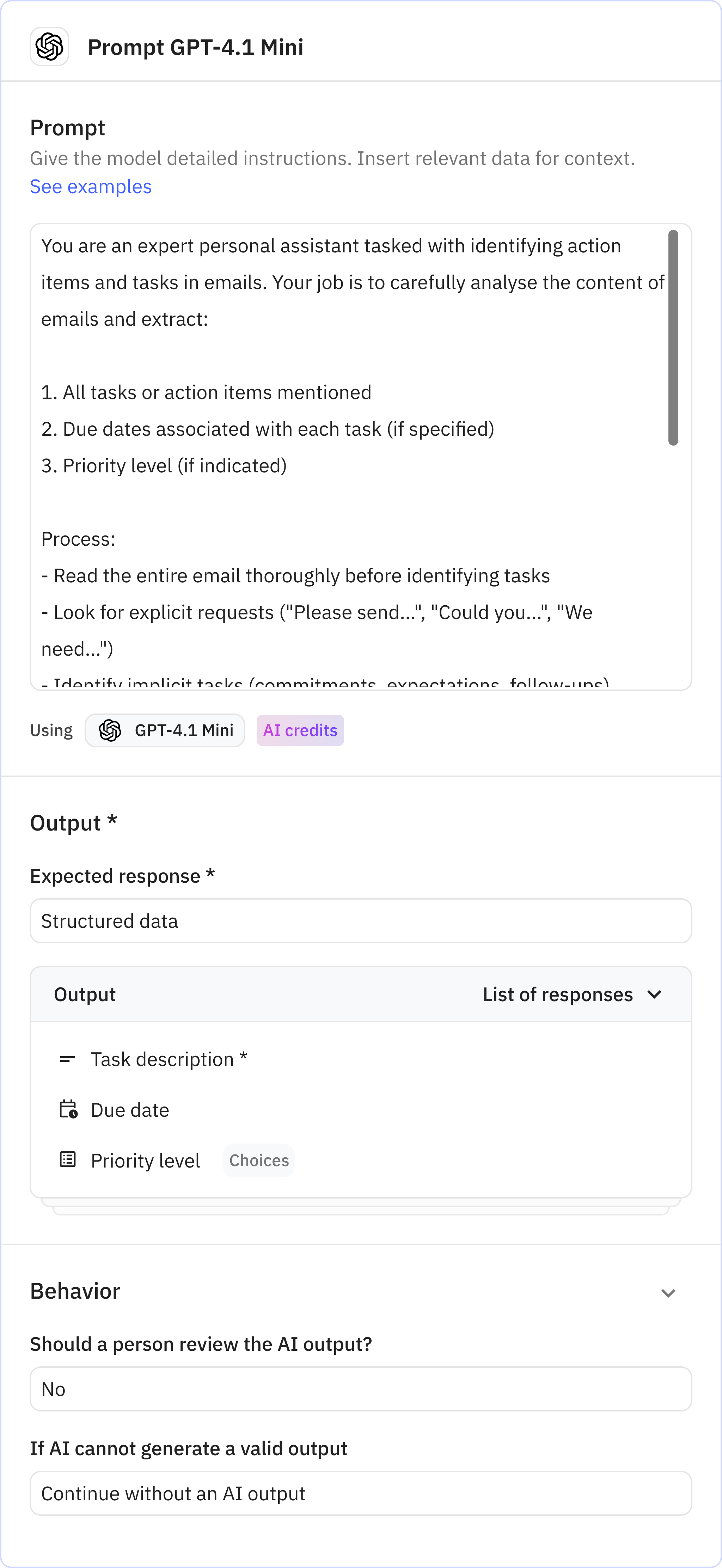 Relay.app screenshot of: Prompt GPT-4.1 Mini