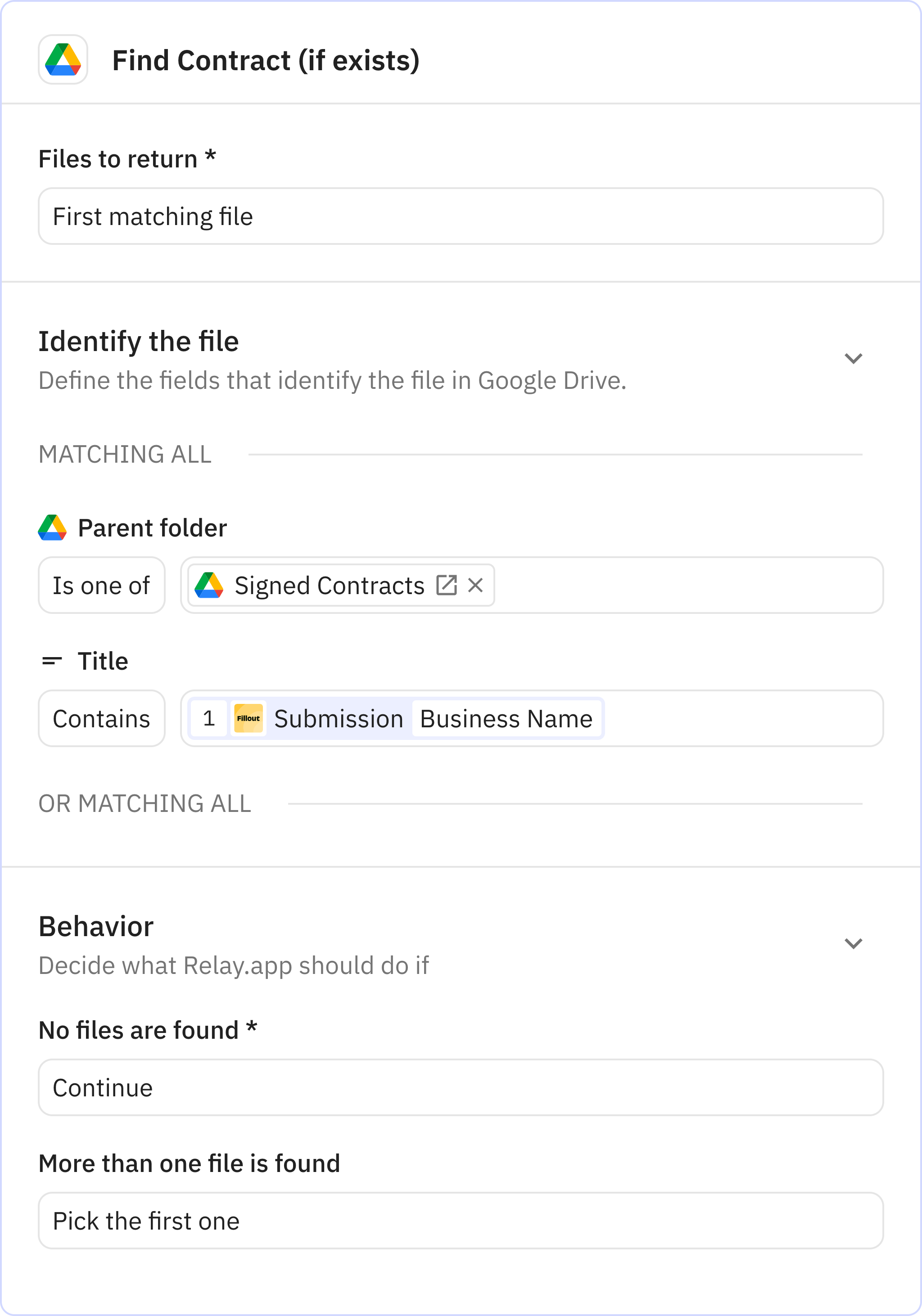 Relay.app screenshot of: Find Contract (if exists)