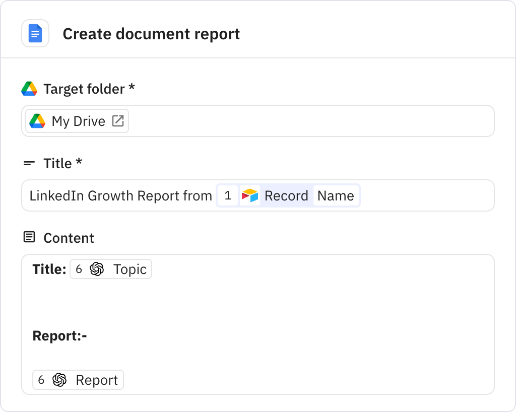 Relay.app screenshot of: Create document report