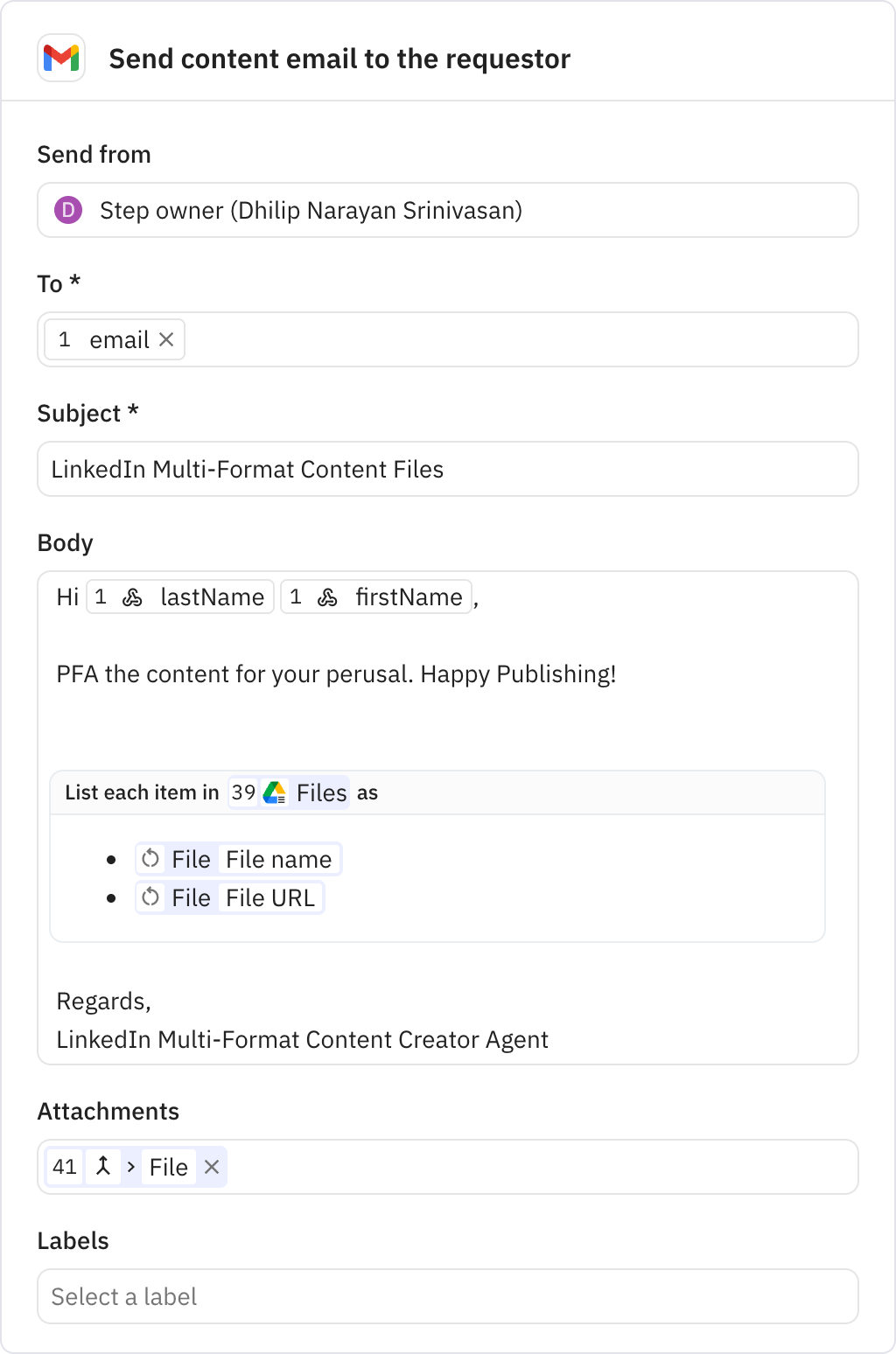 Relay.app screenshot of: Send content email to the requestor