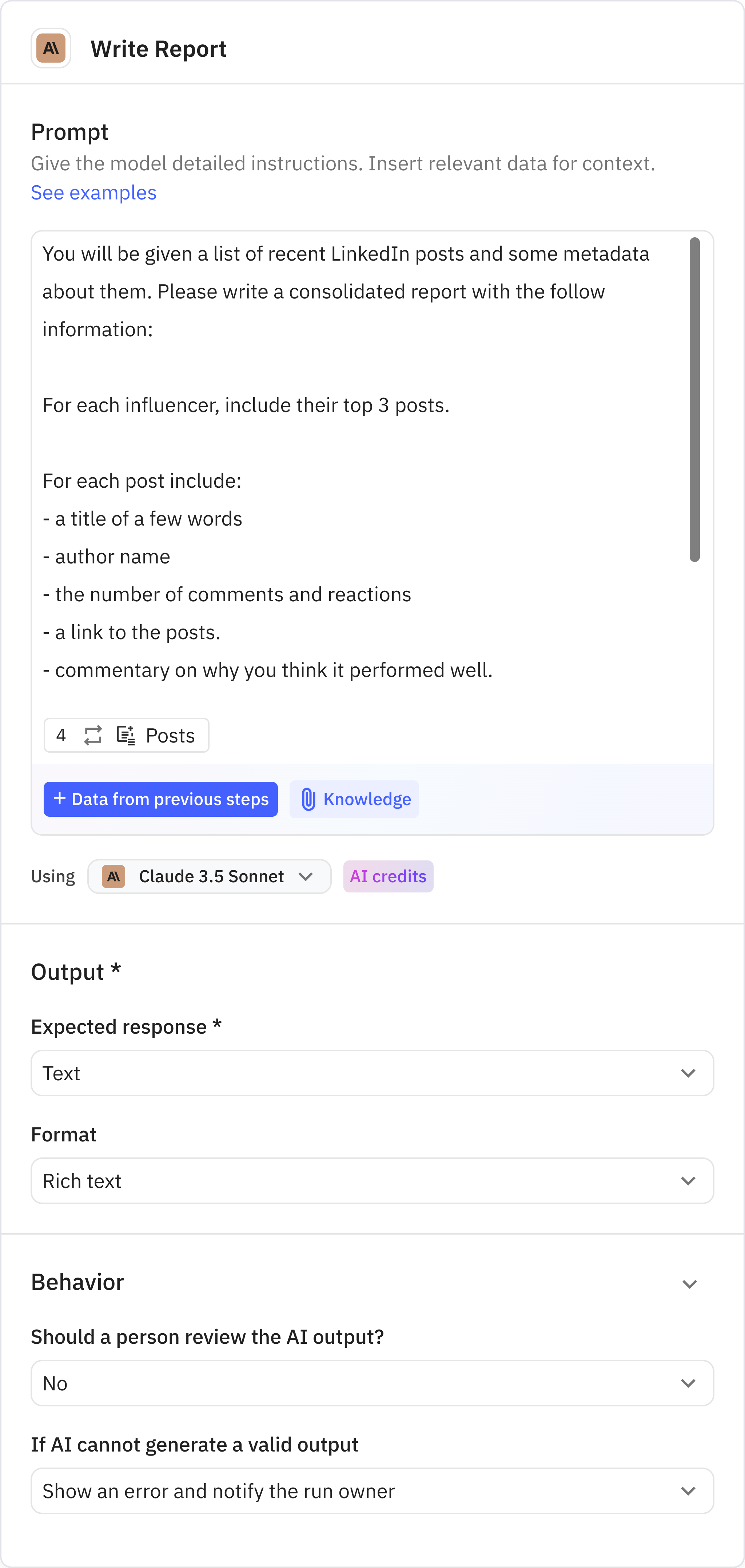 Relay.app screenshot of: Write Report