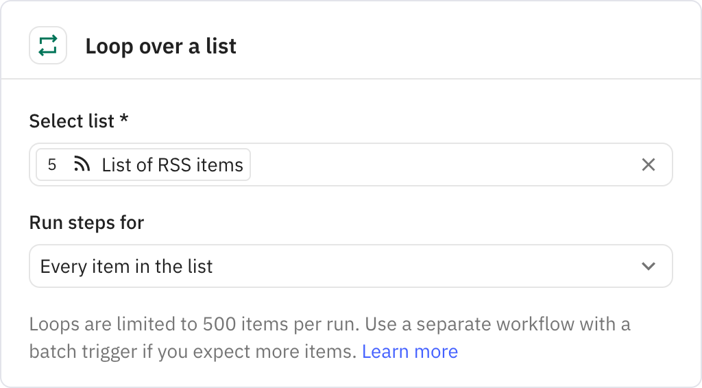 Relay.app screenshot of: Loop over a list