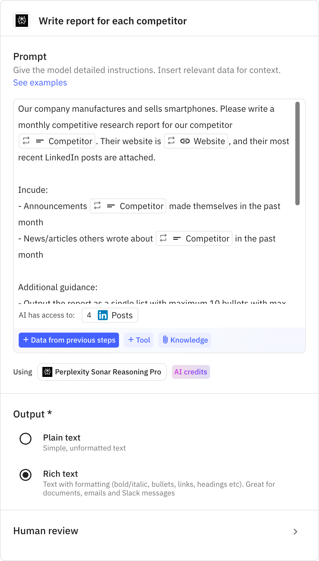 Relay.app screenshot of: Write report for each competitor