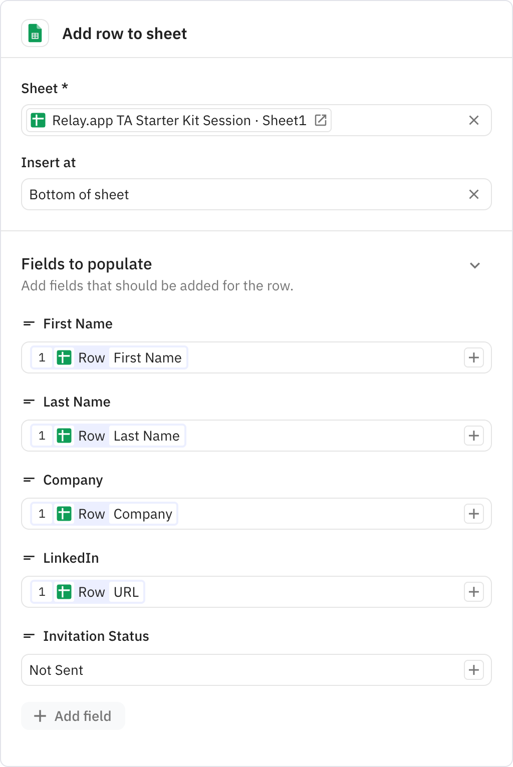 Relay.app screenshot of: Add row to sheet