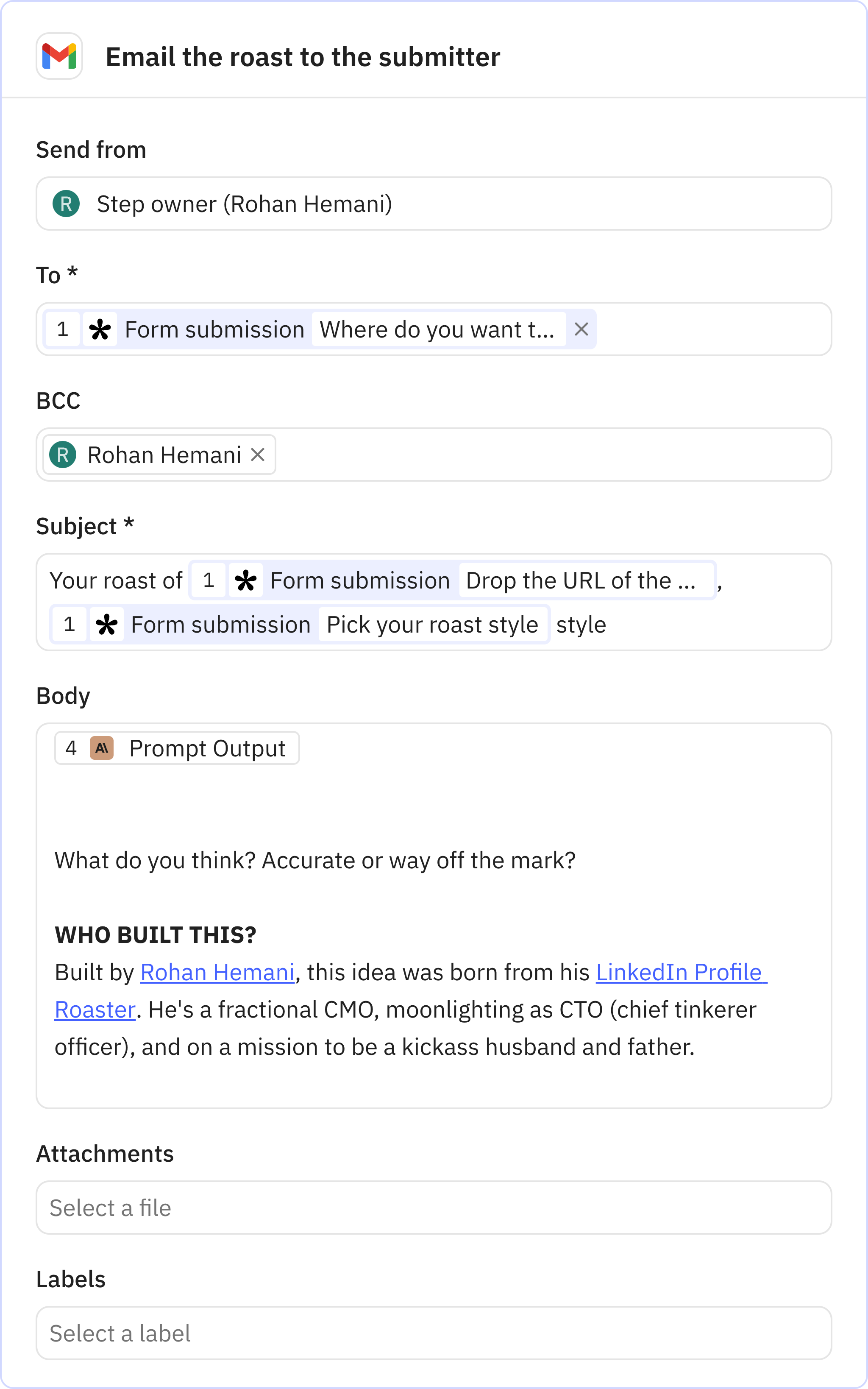 Relay.app screenshot of: Email the roast to the submitter