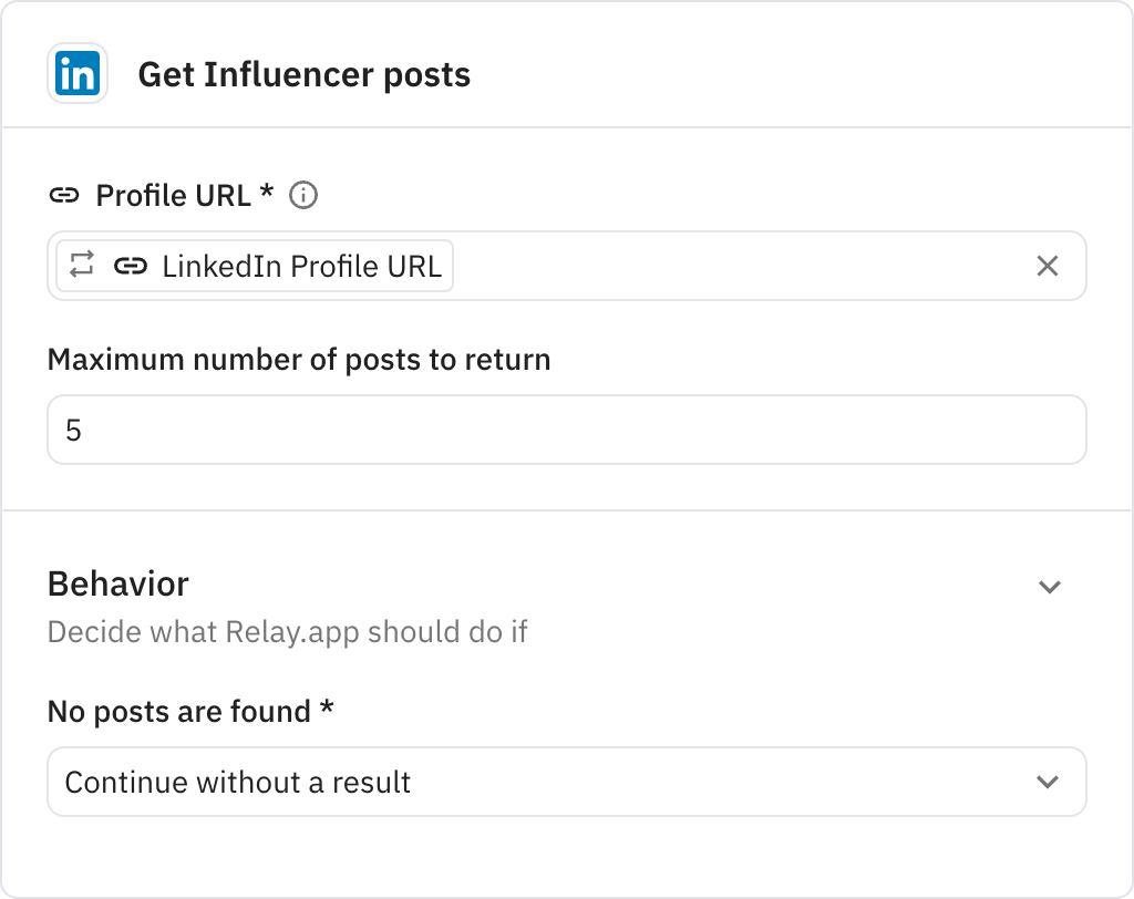 Relay.app screenshot of: Get Influencer posts