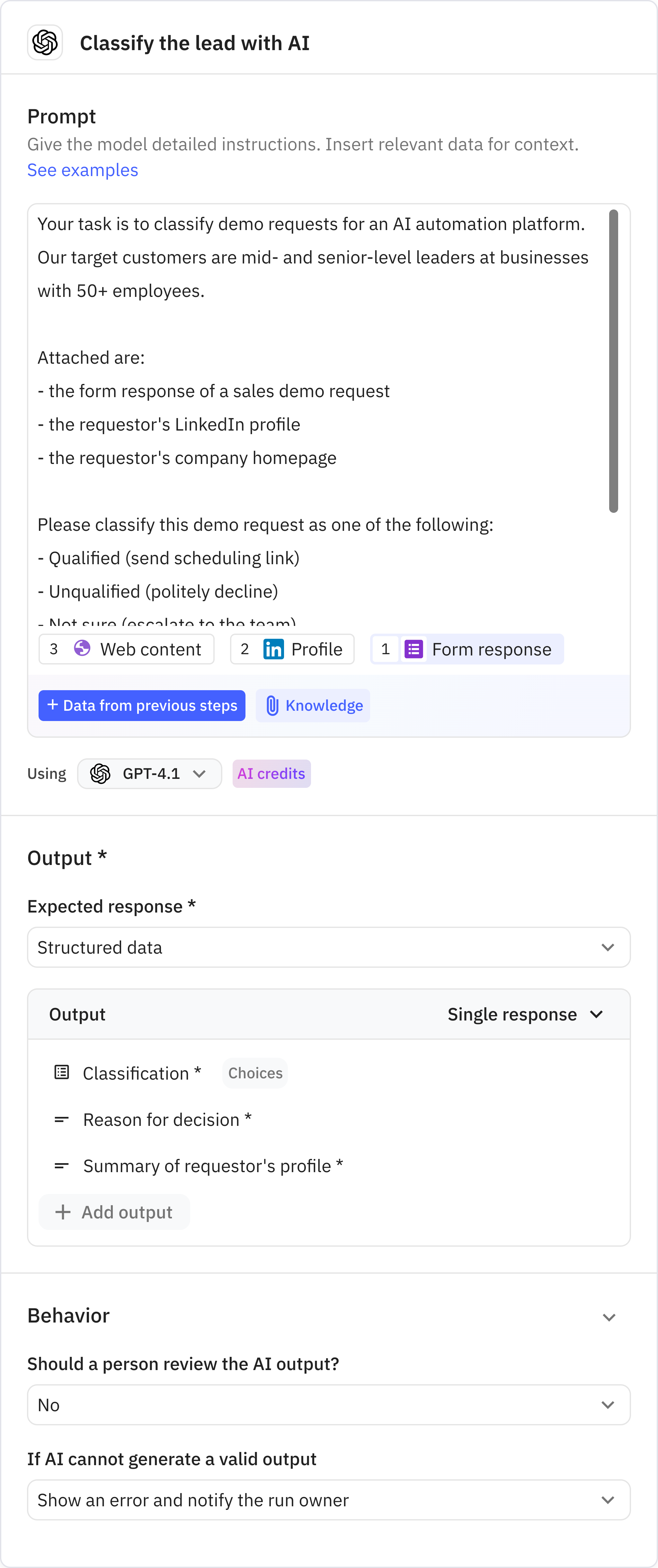 Relay.app screenshot of: Classify the lead with AI