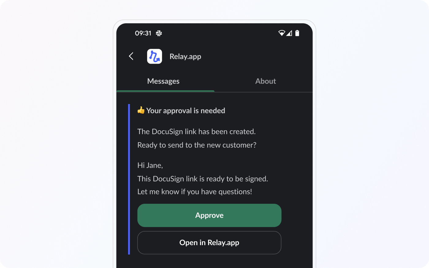 Screenshot of human-in-the-loop slack notification generated by Relay.app