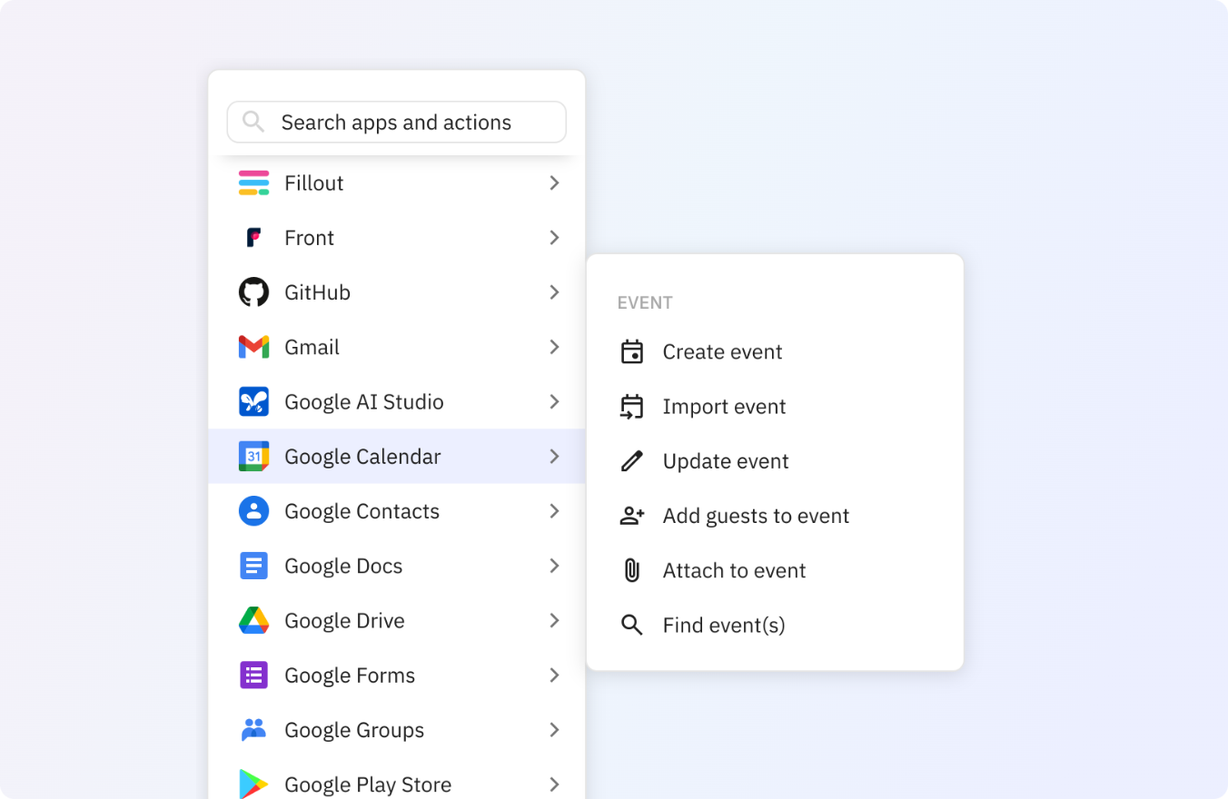 Preview of Use any of these Google Calendar actions in your Relay.app workflows.