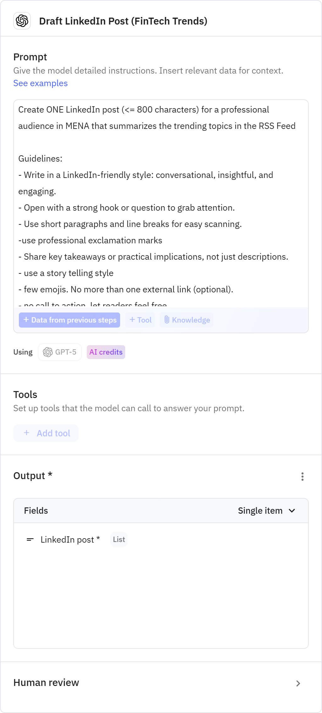 Relay.app screenshot of: Draft LinkedIn Post (FinTech Trends)