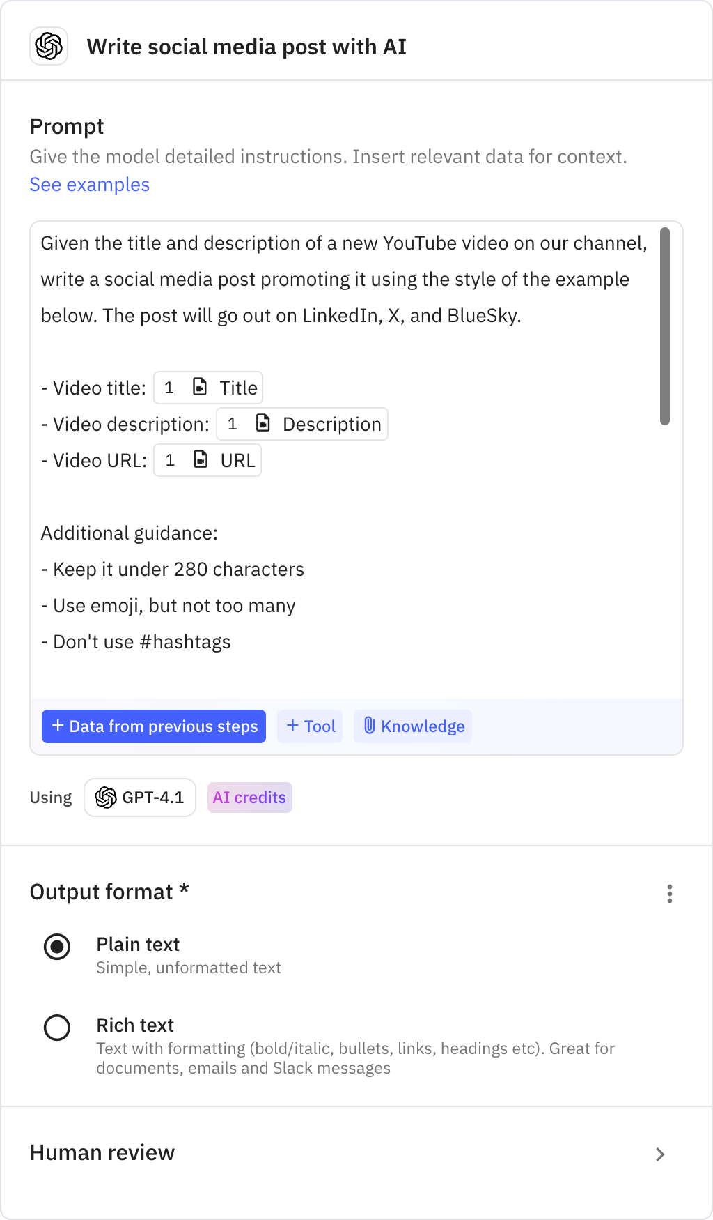 Relay.app screenshot of: Write social media post with AI