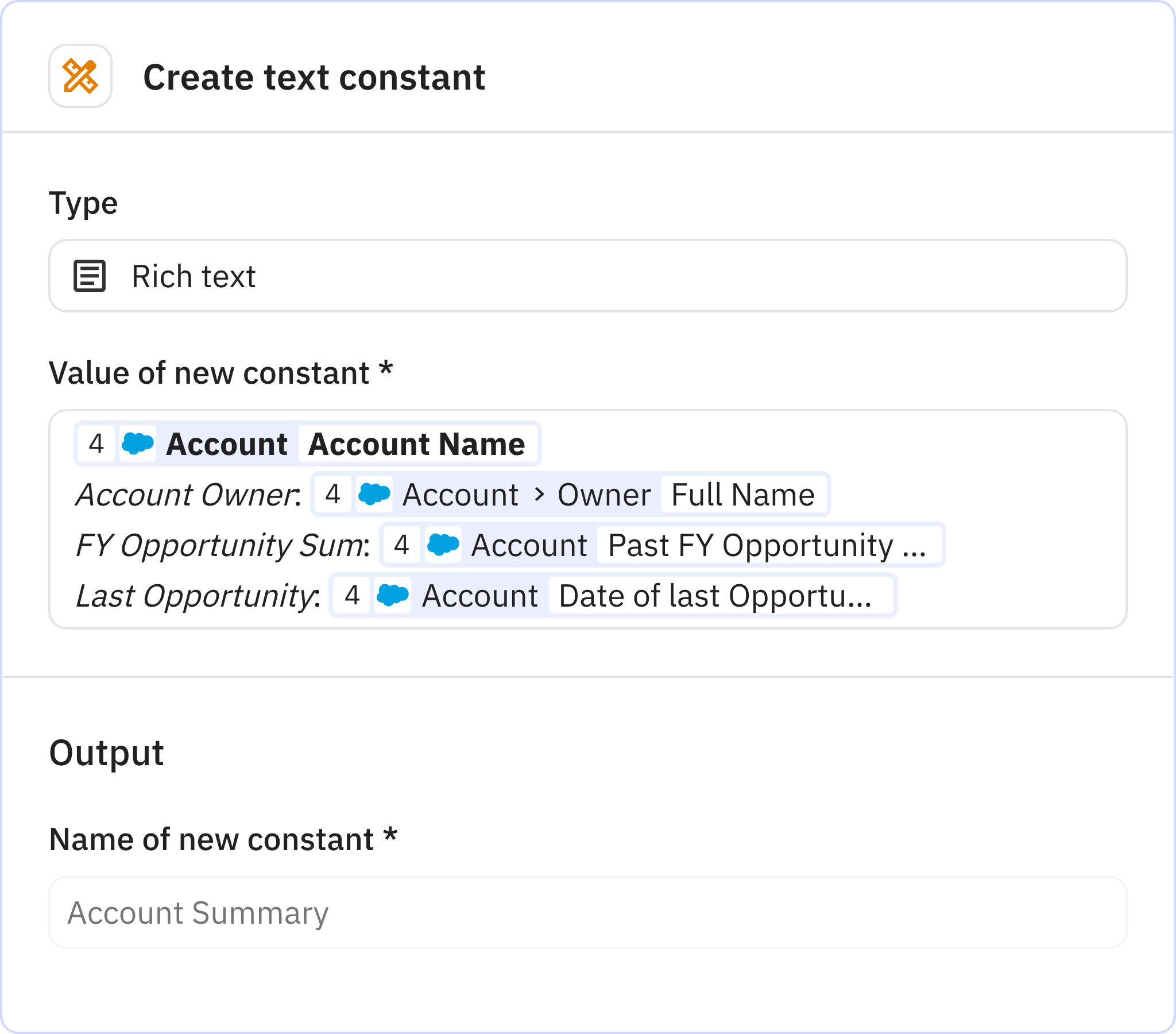 Relay.app screenshot of: Create text constant