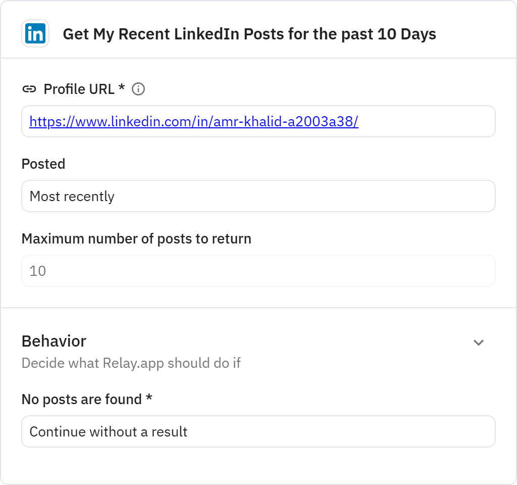 Relay.app screenshot of: Get My Recent LinkedIn Posts for the past 10 Days